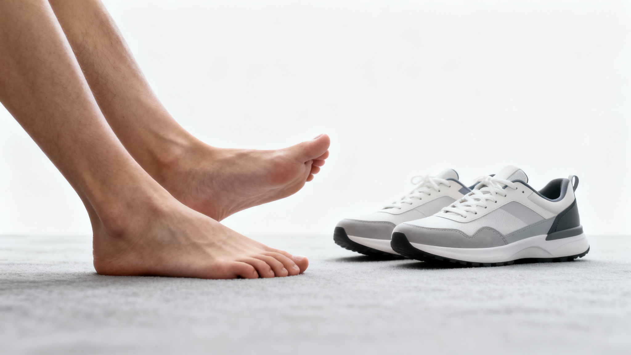 A minimalist photo showing a person's bare feet resting on a clean surface, with a pair of sneakers neatly set aside, all against a plain white background.