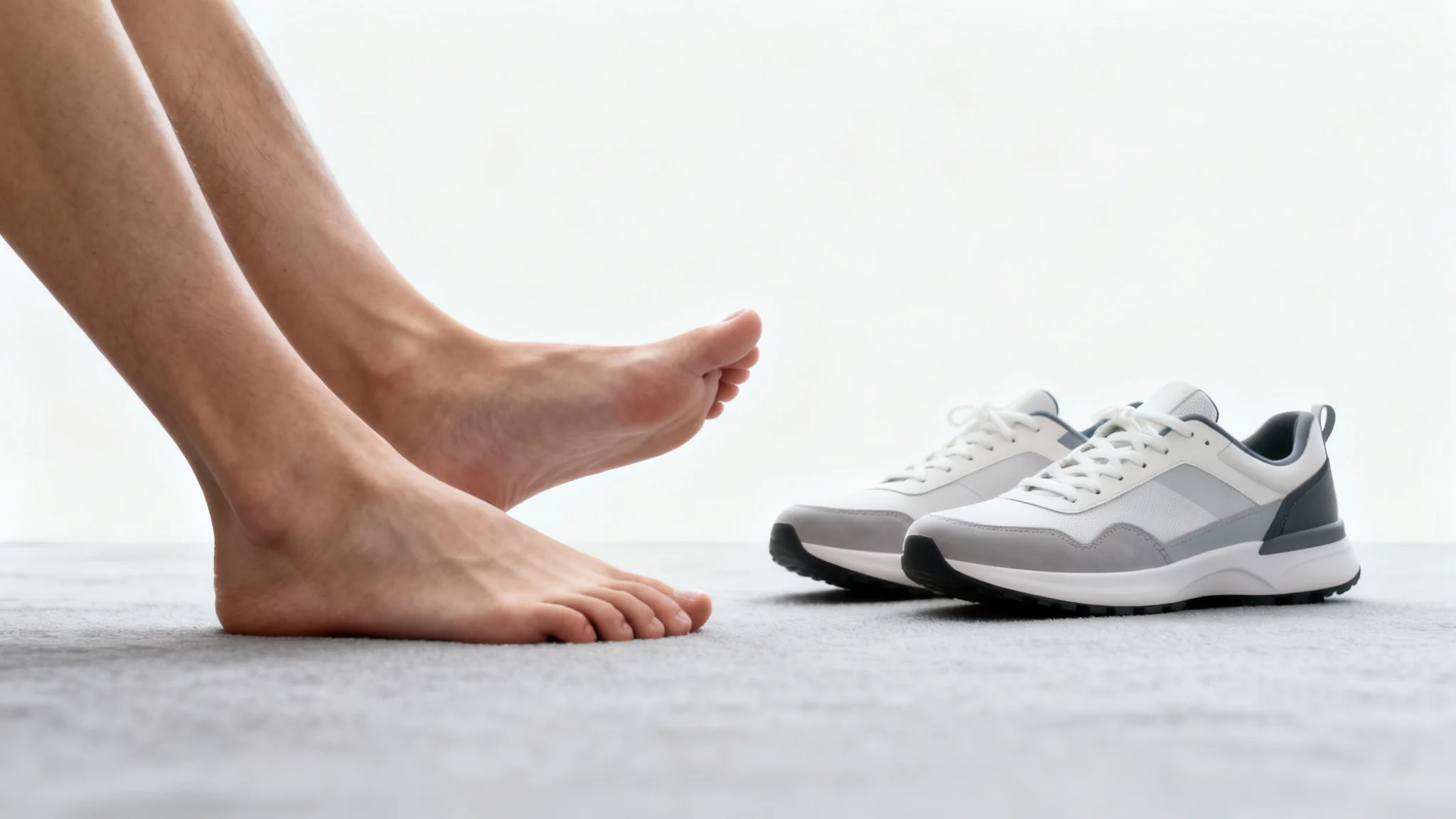 A minimalist photo showing a person's bare feet resting on a clean surface, with a pair of sneakers neatly set aside, all against a plain white background.