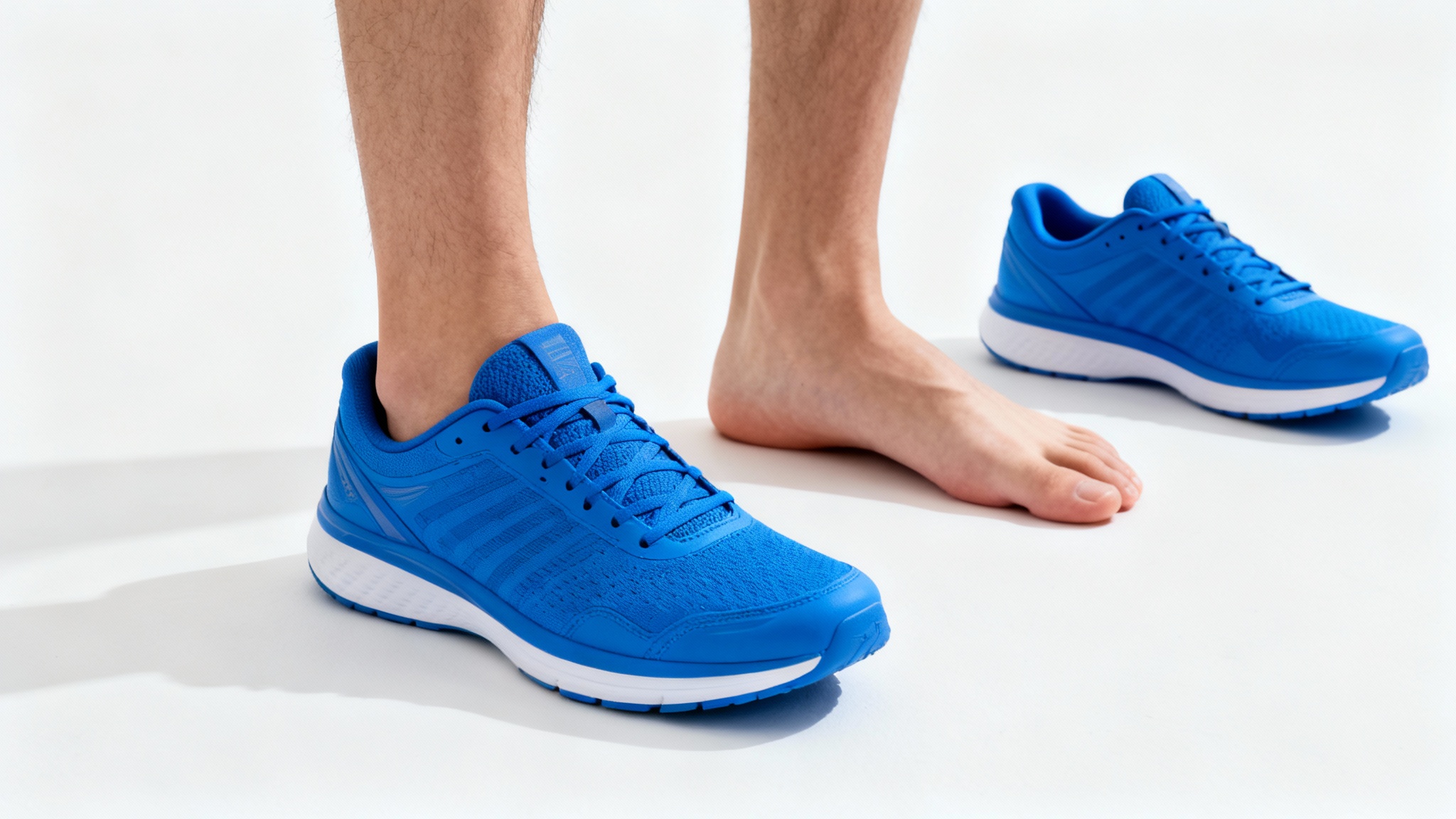 A close-up photo showing a person's feet on a white background. One foot has a blue sneaker on, while the other is bare. The matching sneaker sits on the floor next to the bare foot, demonstrating the concept of removing shoes.