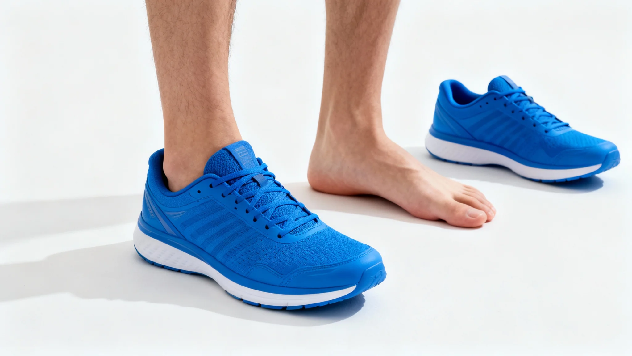 A close-up photo showing a person's feet on a white background. One foot has a blue sneaker on, while the other is bare. The matching sneaker sits on the floor next to the bare foot, demonstrating the concept of removing shoes.