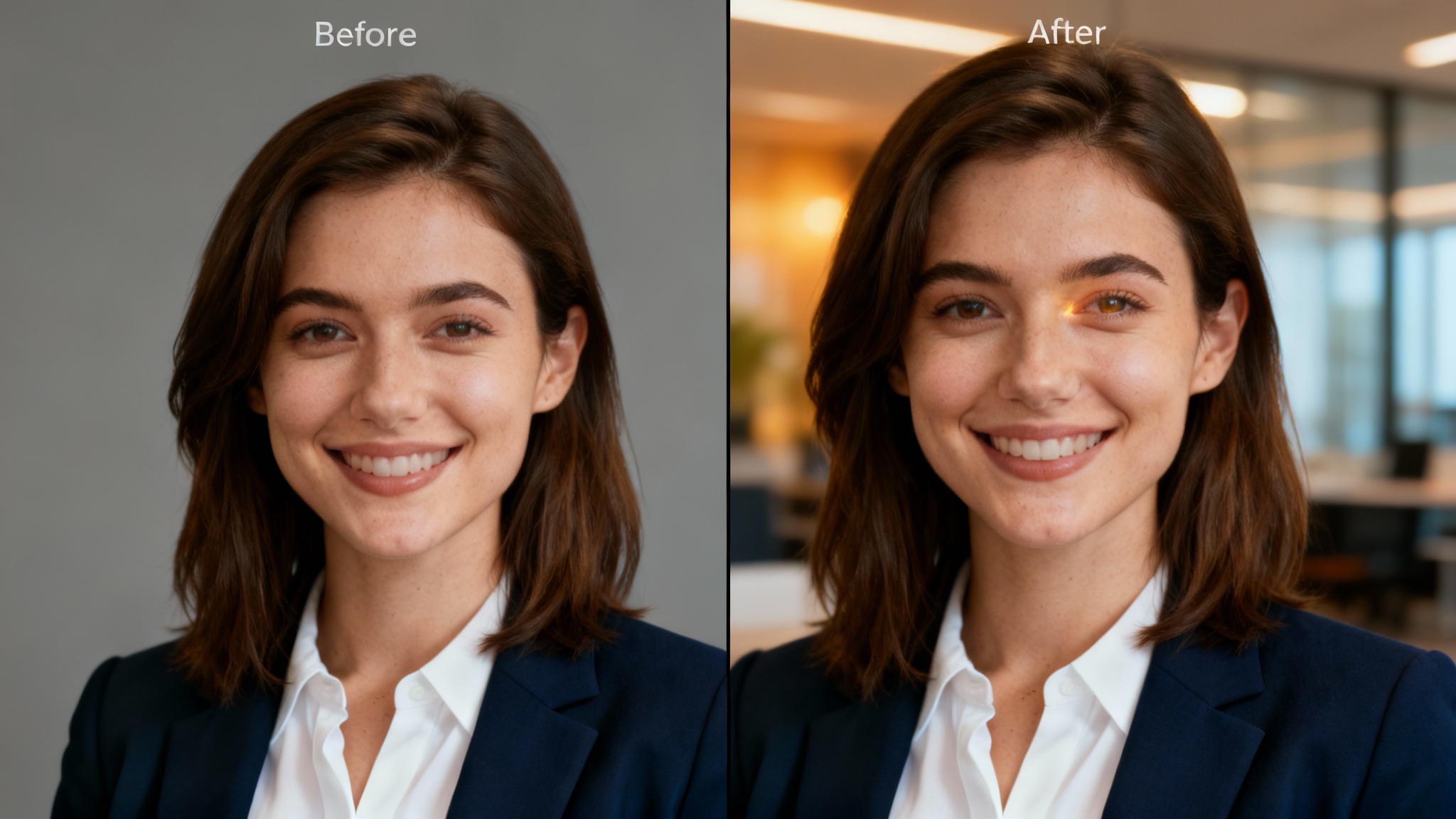 A before-and-after comparison showing the result of a LinkedIn photo editor. The 'before' image is a professional headshot against a plain background. The 'after' image shows the same woman with a beautifully blurred office background, perfect lighting, and vibrant colors.
