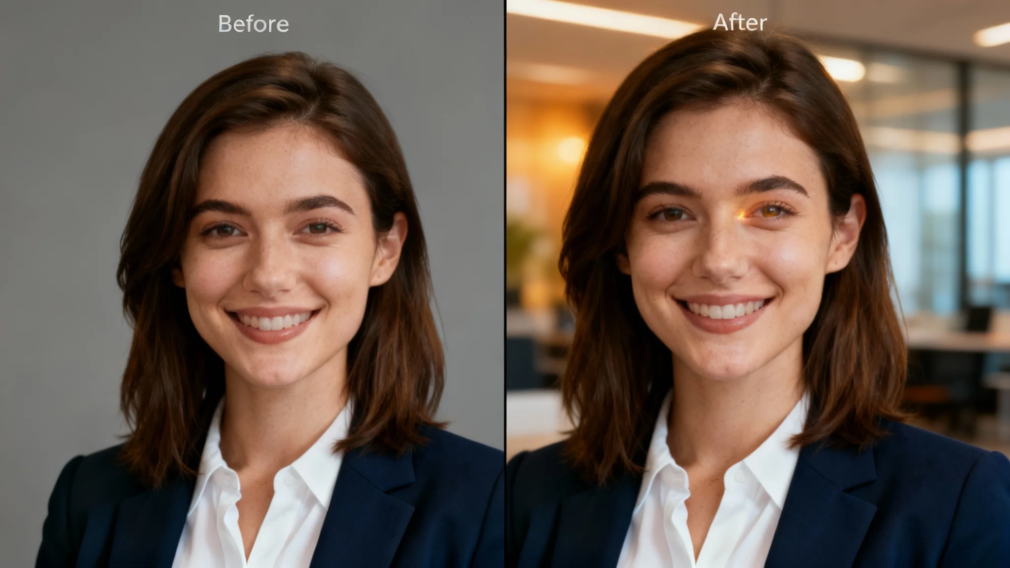 A before-and-after comparison showing the result of a LinkedIn photo editor. The 'before' image is a professional headshot against a plain background. The 'after' image shows the same woman with a beautifully blurred office background, perfect lighting, and vibrant colors.