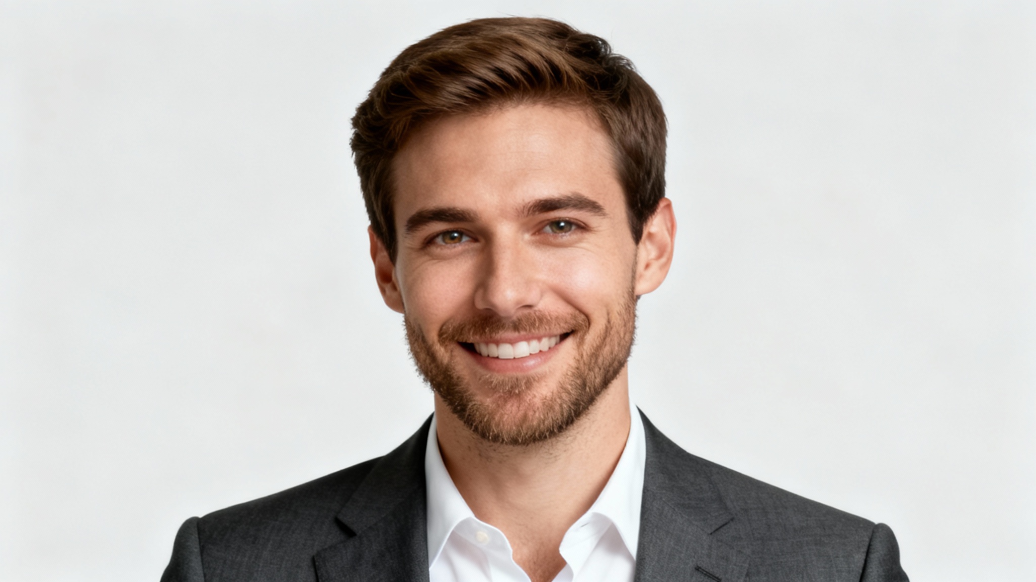 A professional headshot of a smiling man in a suit, representing a perfectly edited LinkedIn profile picture, set against a neutral grey background.