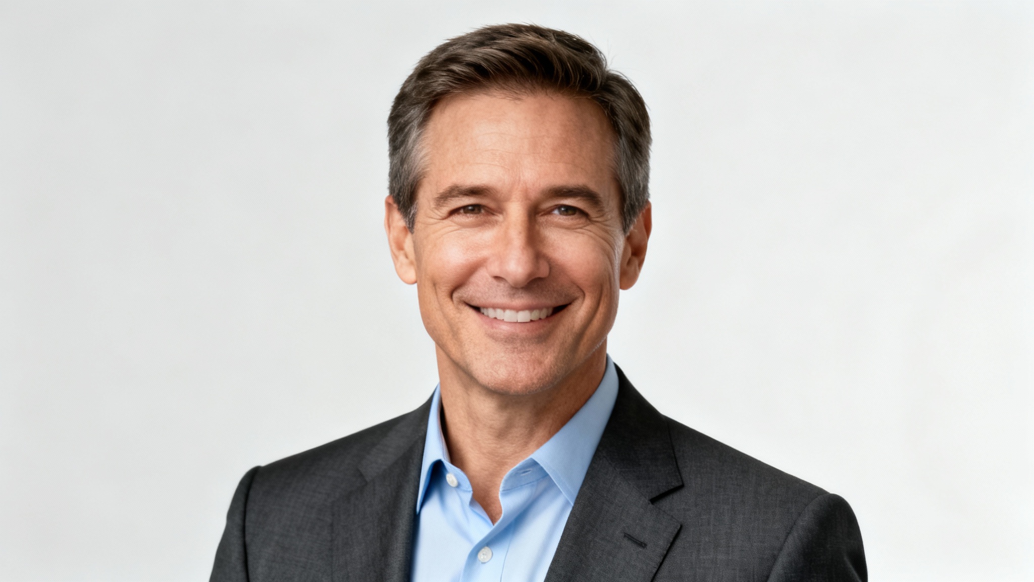 A polished, professional headshot of a man in a suit, smiling confidently. The image represents the high-quality result from a LinkedIn photo editor.