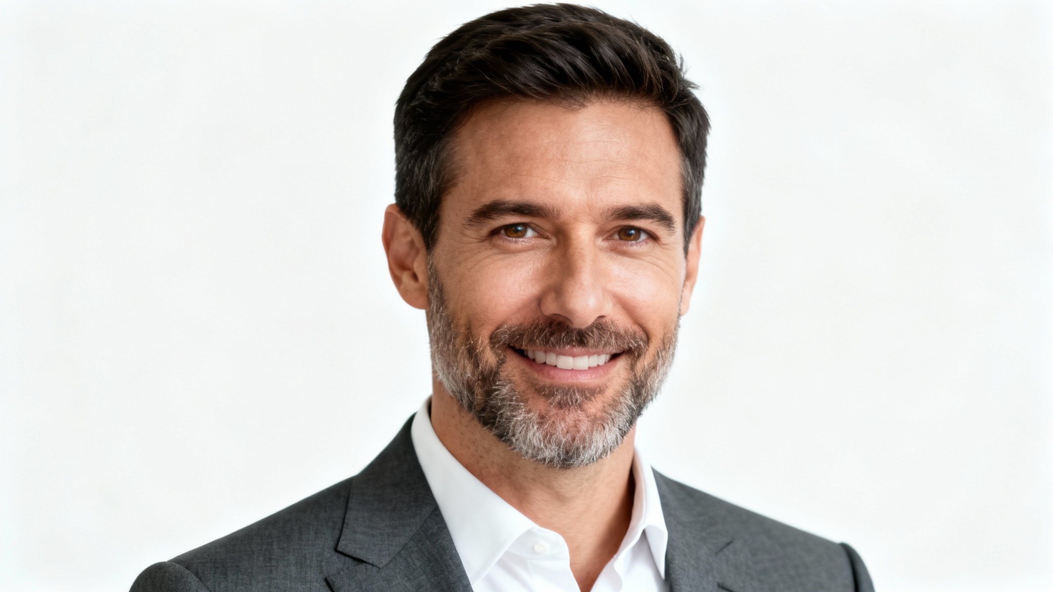 A polished professional headshot of a smiling man in a suit against a plain white background, illustrating a perfectly edited LinkedIn photo.