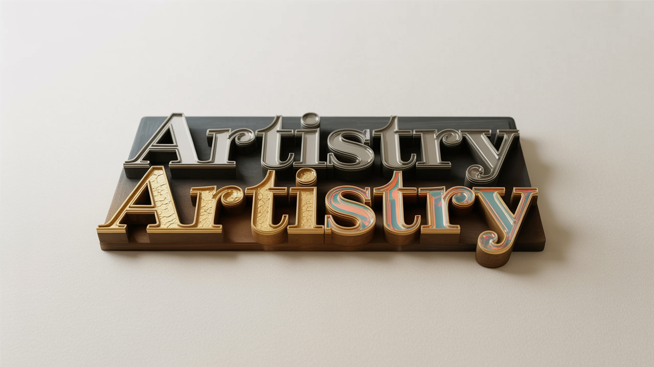 A hero image displaying the word 'ARTISTRY' in four different stunning visual styles: liquid chrome, glowing neon, textured gold leaf, and holographic glitch, arranged dynamically on a dark background to showcase a text style transfer tool.