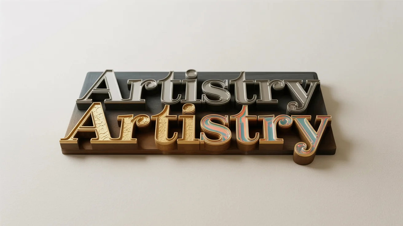 A hero image displaying the word 'ARTISTRY' in four different stunning visual styles: liquid chrome, glowing neon, textured gold leaf, and holographic glitch, arranged dynamically on a dark background to showcase a text style transfer tool.
