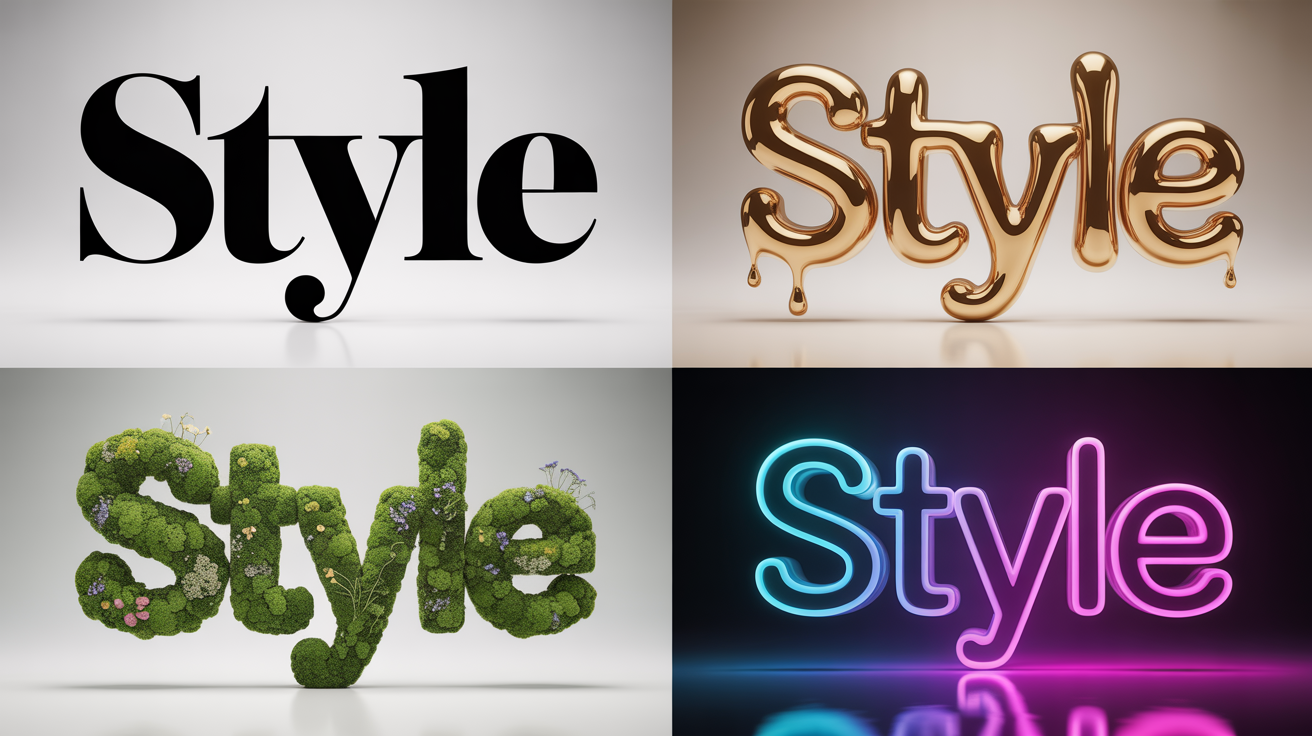 The word 'STYLE' repeated four times in a grid on a white background, each with a different texture: plain black, liquid gold, green moss, and glowing neon, illustrating the concept of text style transfer.