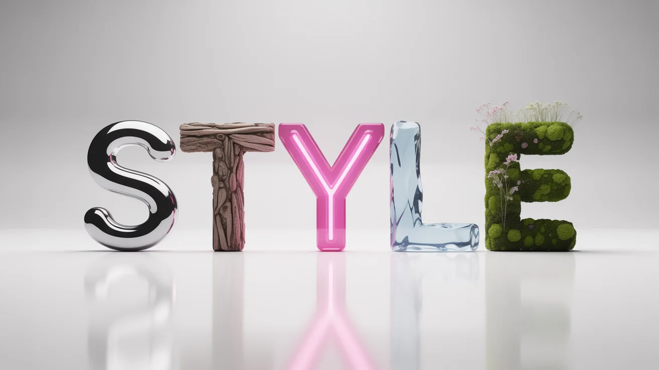 The word STYLE is rendered in 3D, with each letter representing a different texture: 'S' is chrome, 'T' is wood, 'Y' is neon, 'L' is ice, and 'E' is moss, all set against a plain white background.