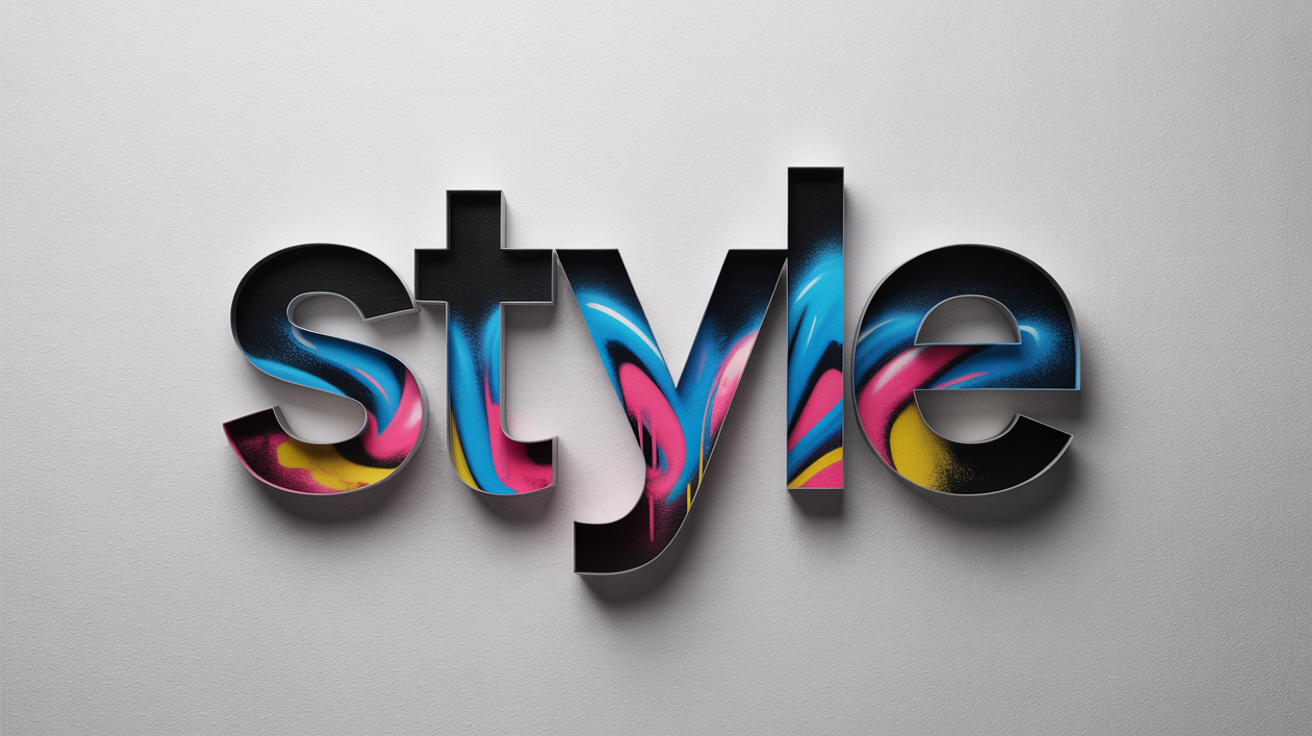A visual representation of text style transfer, showing the word 'STYLE' where the first half is plain black text and the second half is transformed into colorful, 3D graffiti art, set against a white background.
