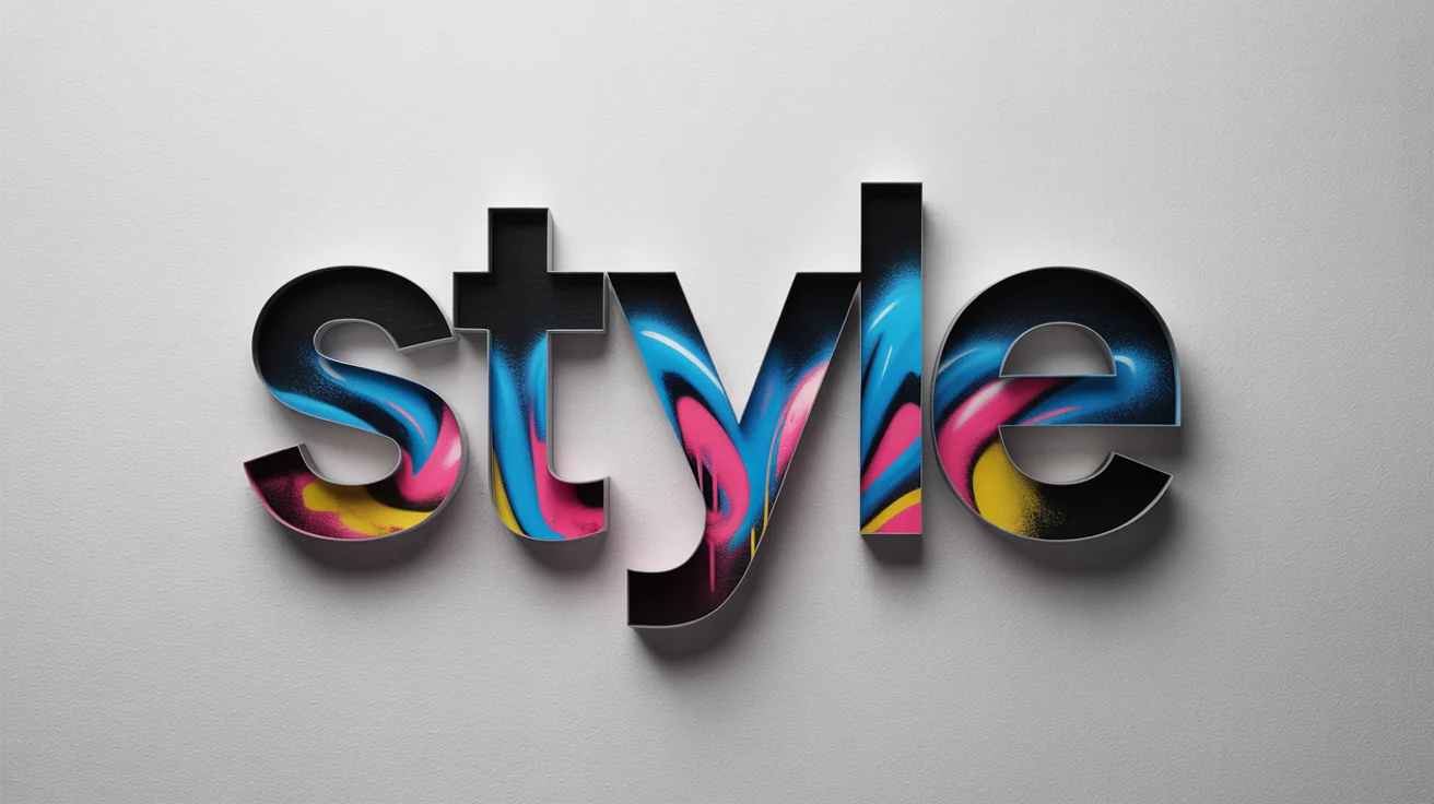A visual representation of text style transfer, showing the word 'STYLE' where the first half is plain black text and the second half is transformed into colorful, 3D graffiti art, set against a white background.
