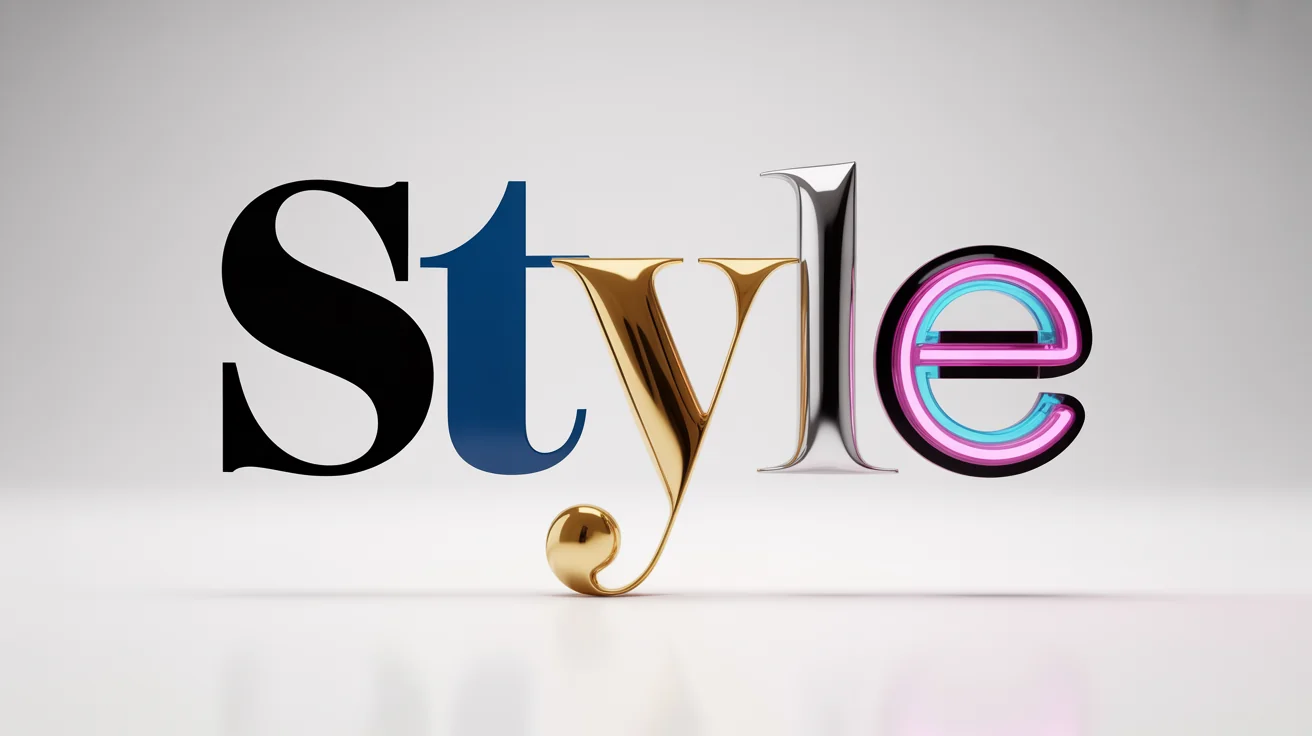 A visual representation of text style transfer, showing the word 'STYLE' where each letter has a unique design: a plain sans-serif 'S', a classic serif 'T', a calligraphic 'Y', a chrome 'L', and a neon 'E'.