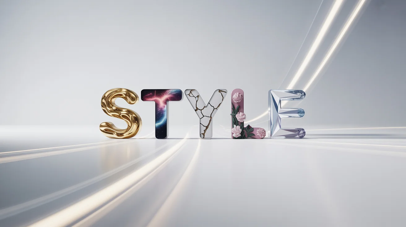 The word STYLE is shown with each letter rendered in a different, realistic texture, including molten gold, a cosmic nebula, cracked stone, floral patterns, and crystal, symbolizing text style transfer.