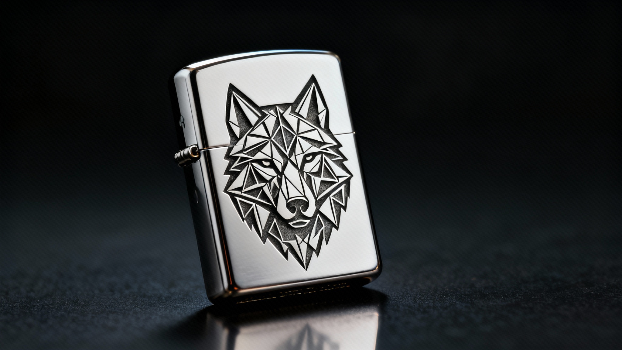 A close-up photograph of a polished chrome Zippo lighter featuring a detailed custom engraving of a geometric wolf head, set against a dark, premium background.