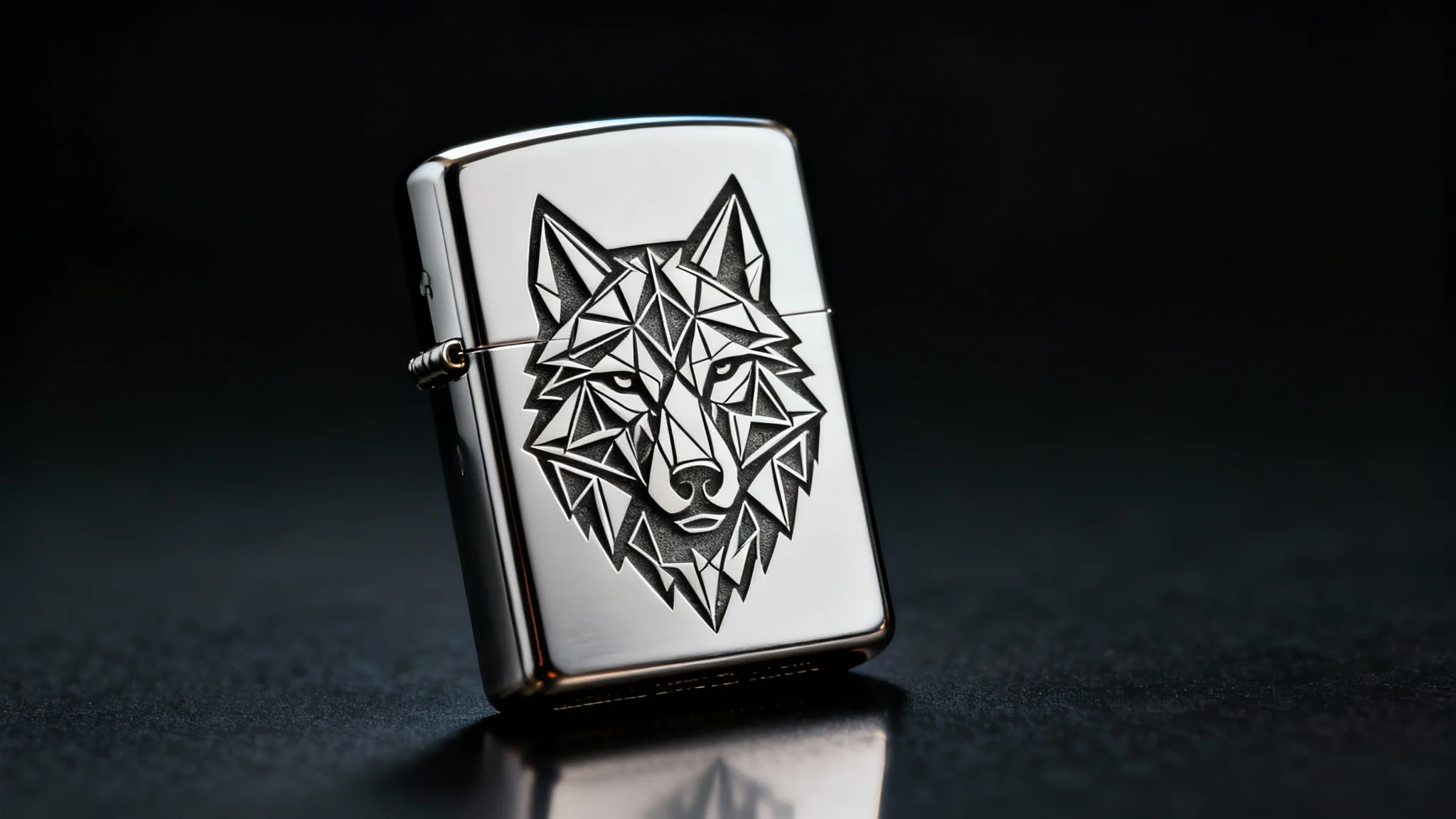 A close-up photograph of a polished chrome Zippo lighter featuring a detailed custom engraving of a geometric wolf head, set against a dark, premium background.