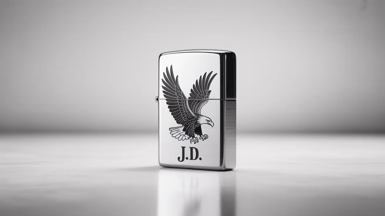 A close-up product shot of a brushed chrome Zippo lighter with a custom engraving of an eagle and the initials 'J.D.', set against a plain white background.