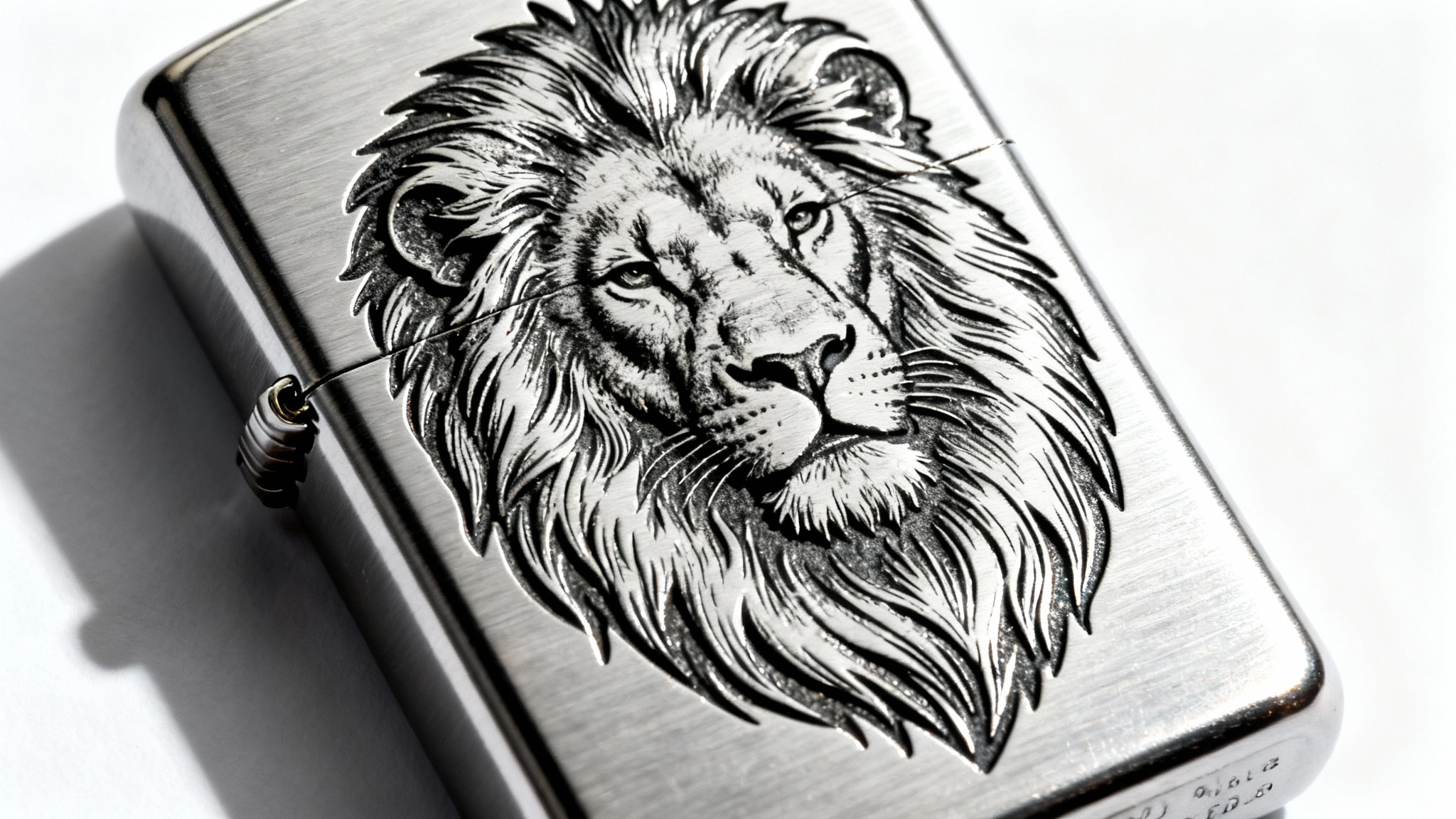 A photorealistic mockup of a brushed chrome Zippo lighter with a detailed, custom laser engraving of a lion's head, set against a clean white background.