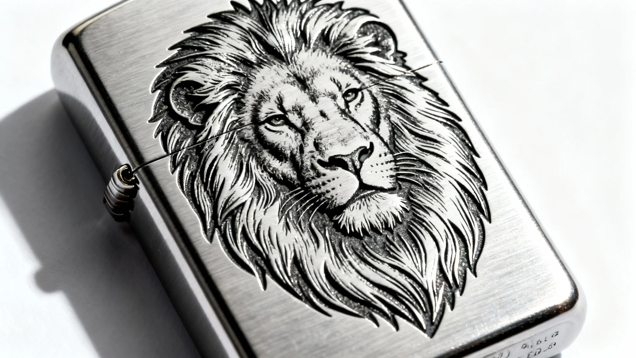 A photorealistic mockup of a brushed chrome Zippo lighter with a detailed, custom laser engraving of a lion's head, set against a clean white background.