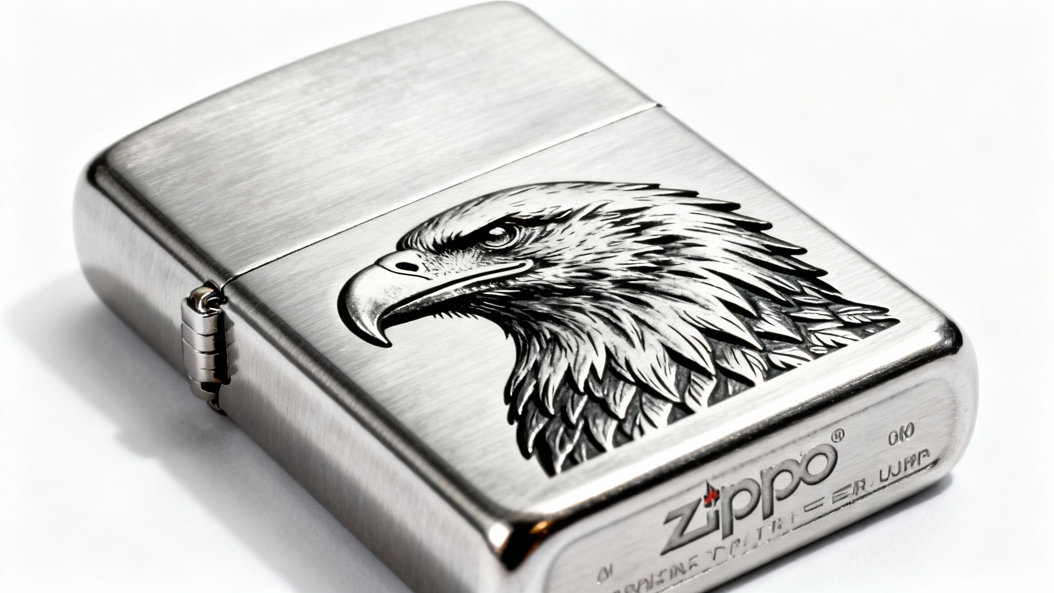 A photorealistic mockup of a brushed chrome Zippo lighter featuring a detailed, deep engraving of an eagle's head, presented against a pure white background.