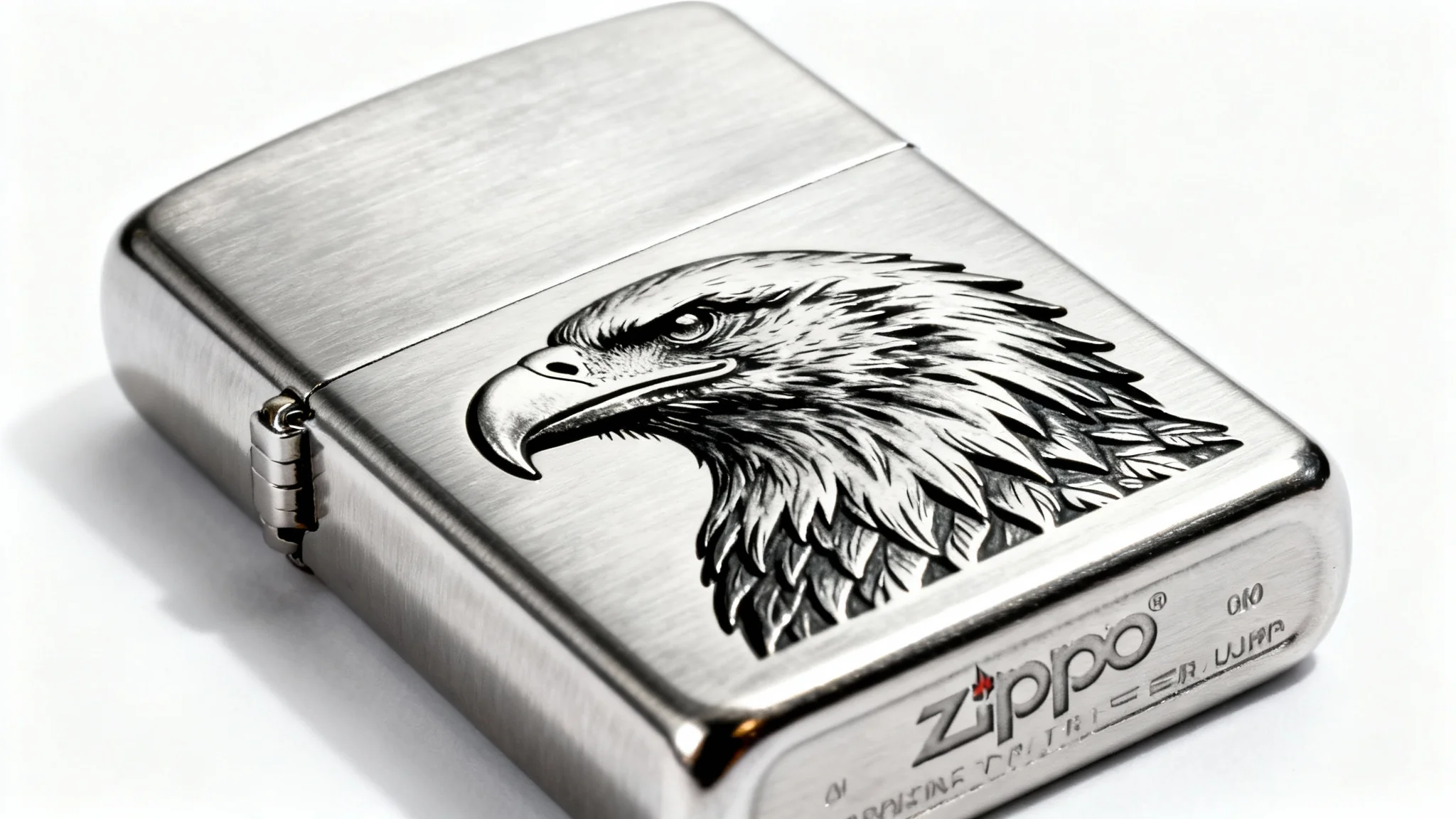 A photorealistic mockup of a brushed chrome Zippo lighter featuring a detailed, deep engraving of an eagle's head, presented against a pure white background.