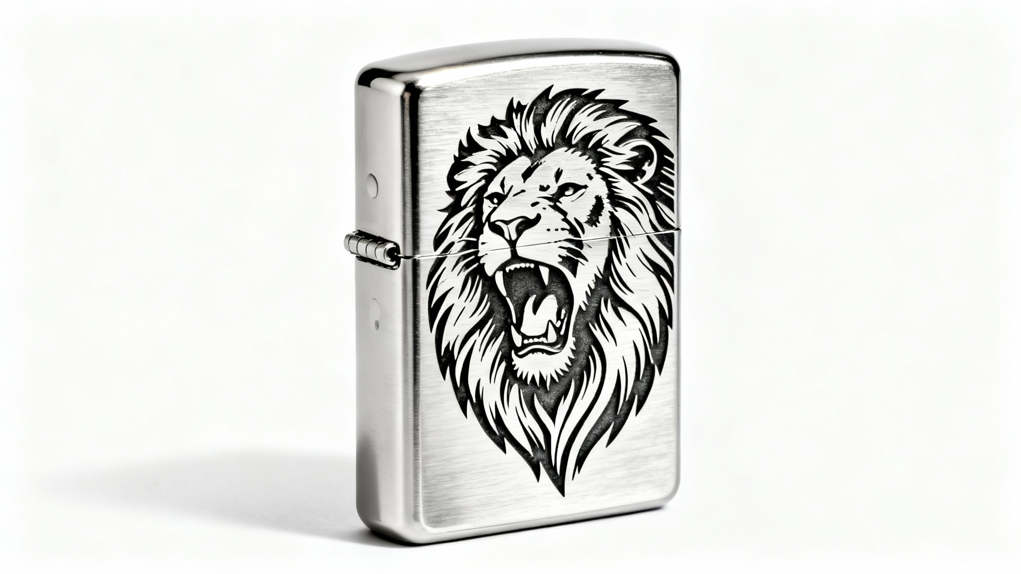 A close-up of a brushed chrome Zippo-style lighter with a detailed engraving of a roaring lion's head, set against a clean white background.