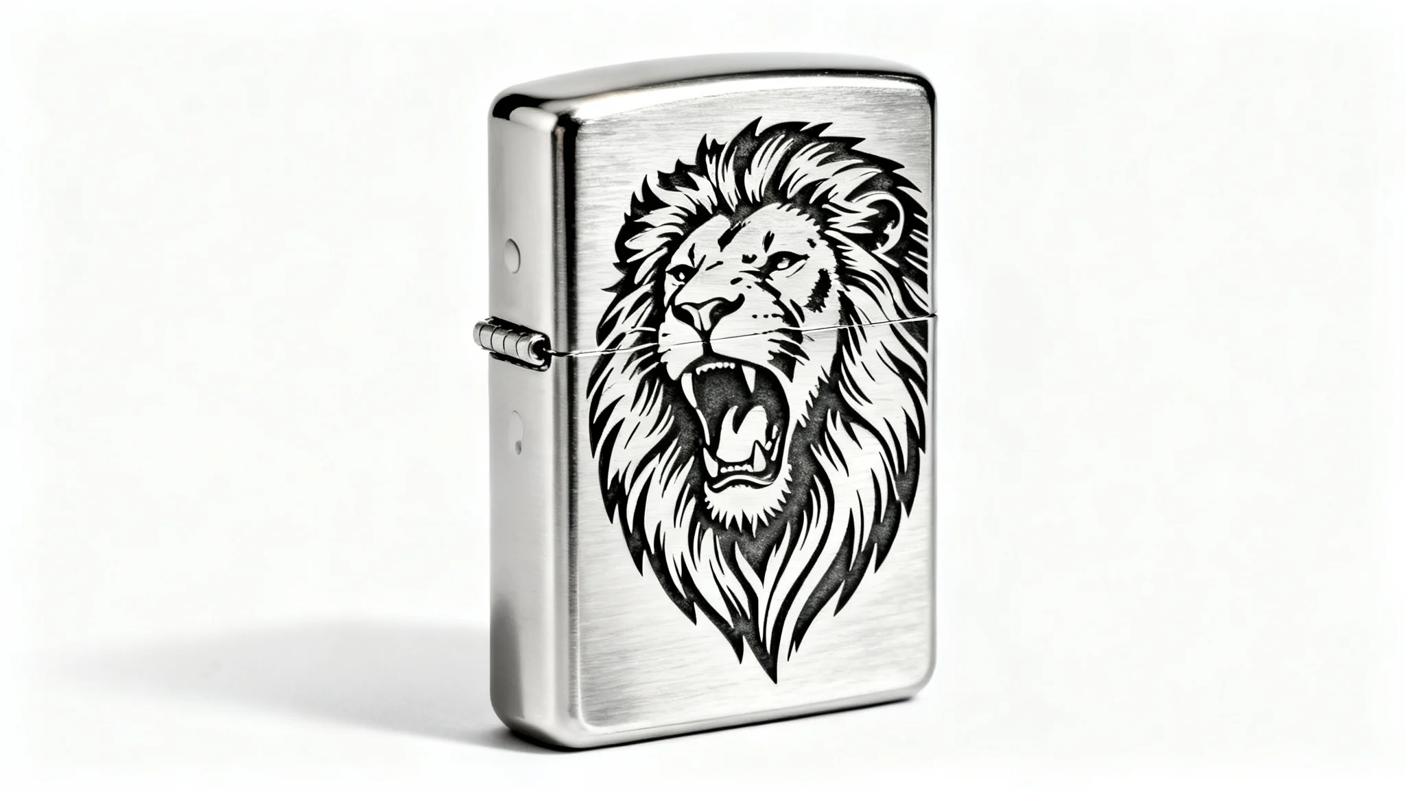 A close-up of a brushed chrome Zippo-style lighter with a detailed engraving of a roaring lion's head, set against a clean white background.