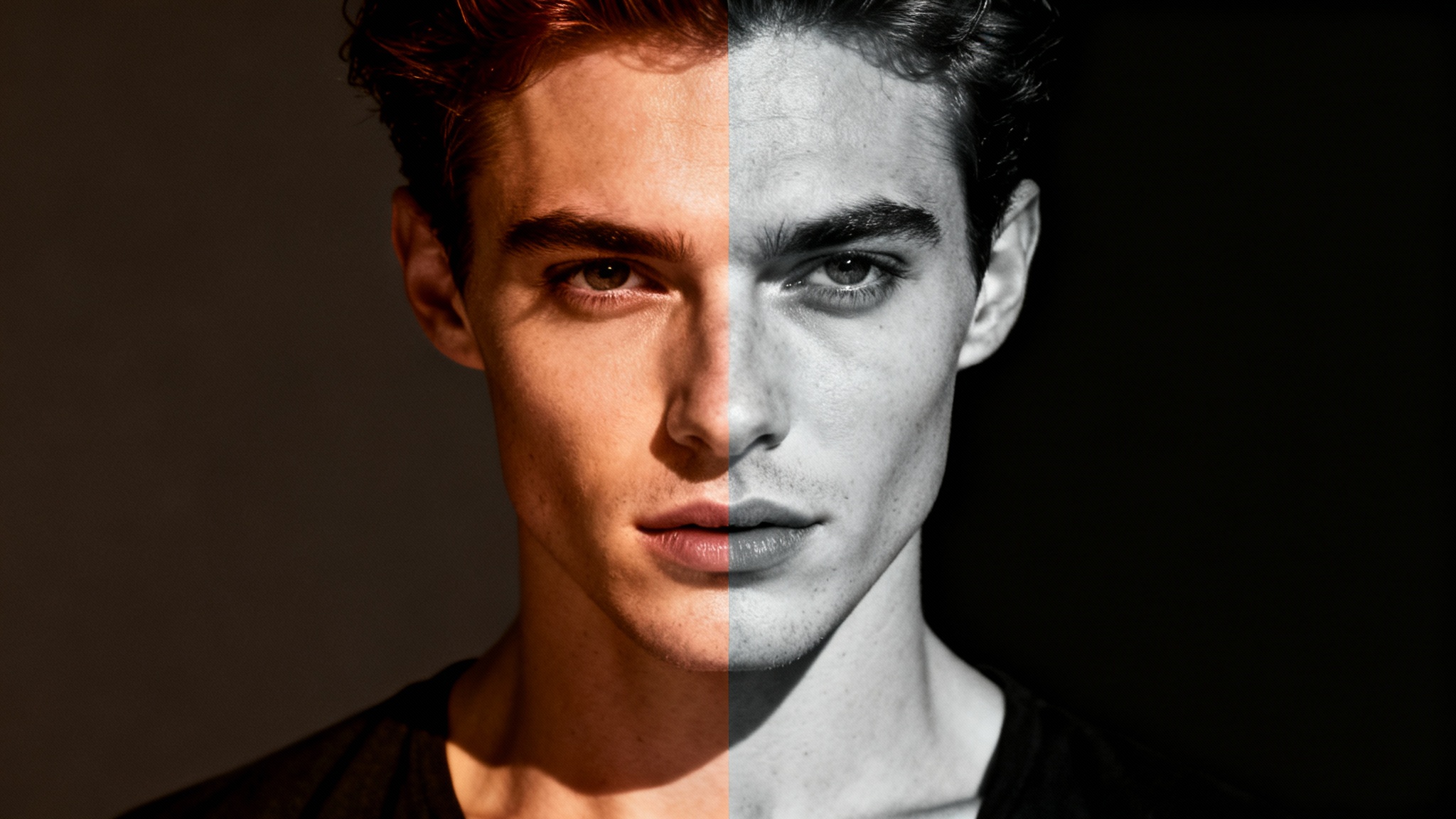 A split-screen hero image showing the effect of a black and white converter. The left side shows a vibrant color portrait of a person, while the right side shows the same portrait in dramatic, high-contrast black and white.