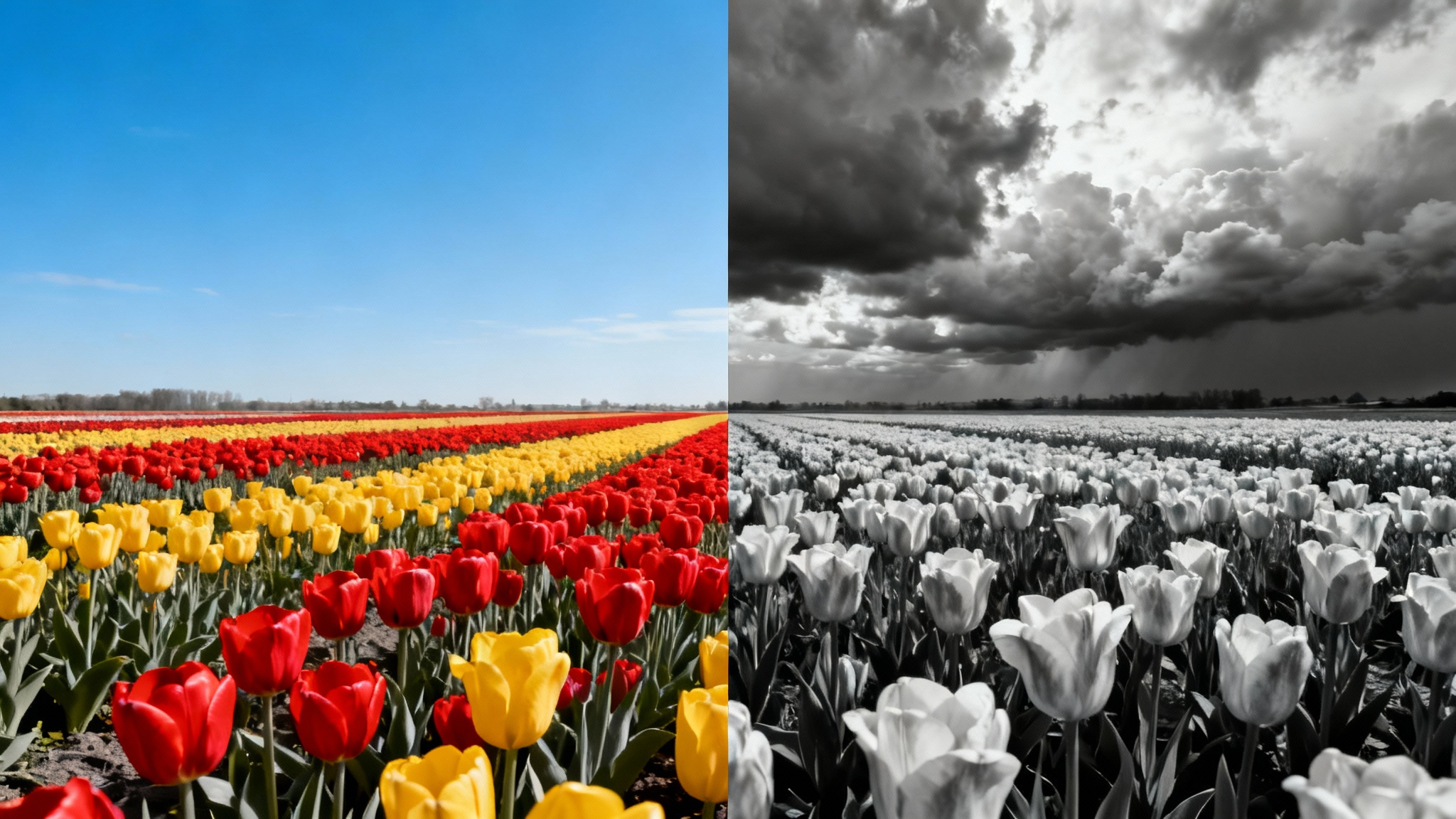 An image split in two, demonstrating a black and white converter. The left side shows a colorful field of tulips, and the right side shows the same scene in high-contrast black and white.
