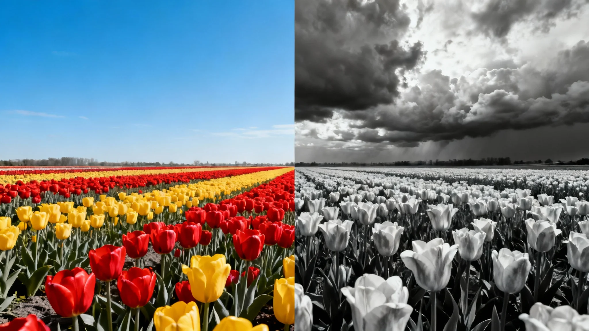 An image split in two, demonstrating a black and white converter. The left side shows a colorful field of tulips, and the right side shows the same scene in high-contrast black and white.