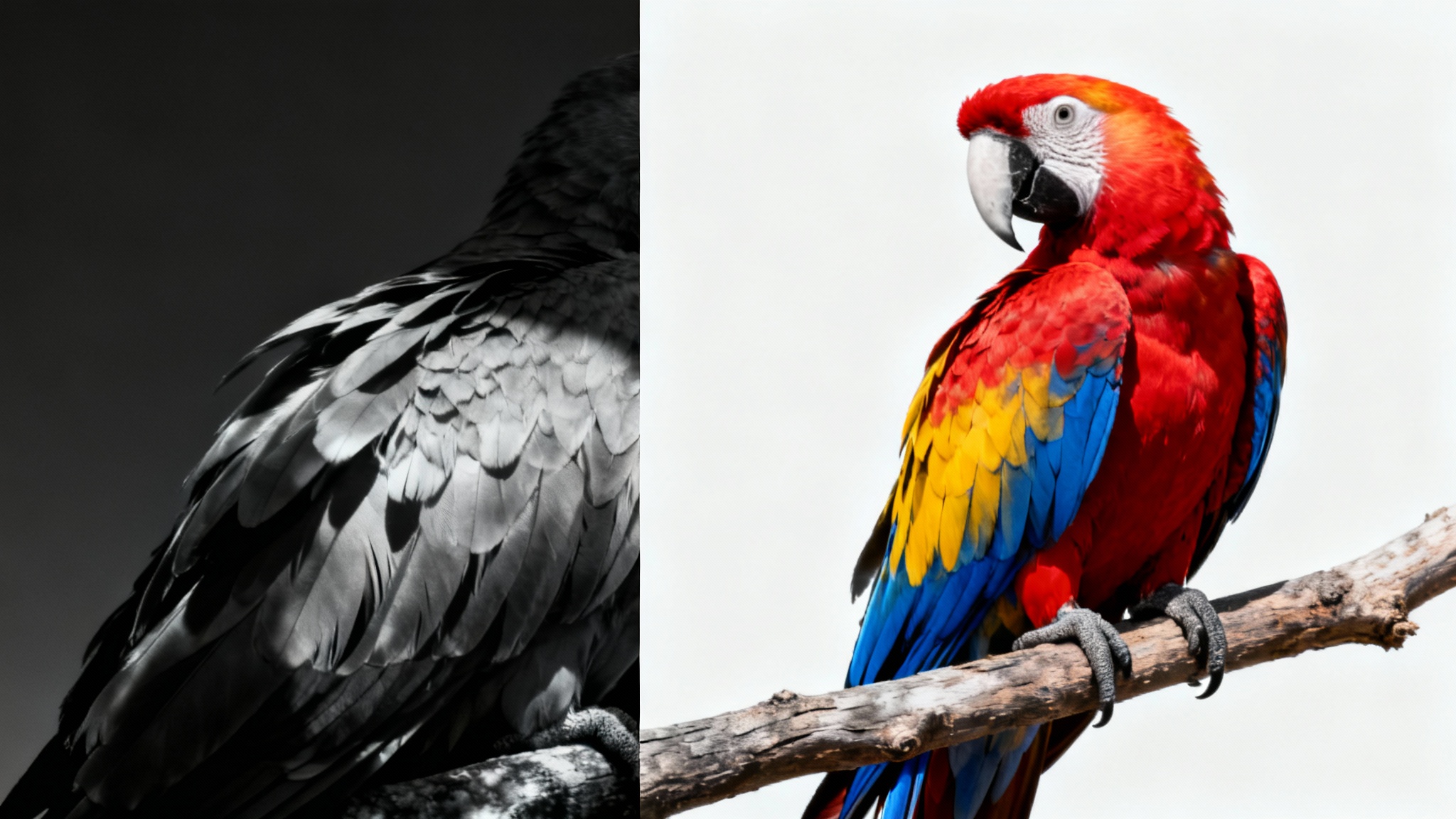 An image of a parrot split down the middle: the left side is in black and white, and the right side is in vibrant color, demonstrating a black and white converter effect.