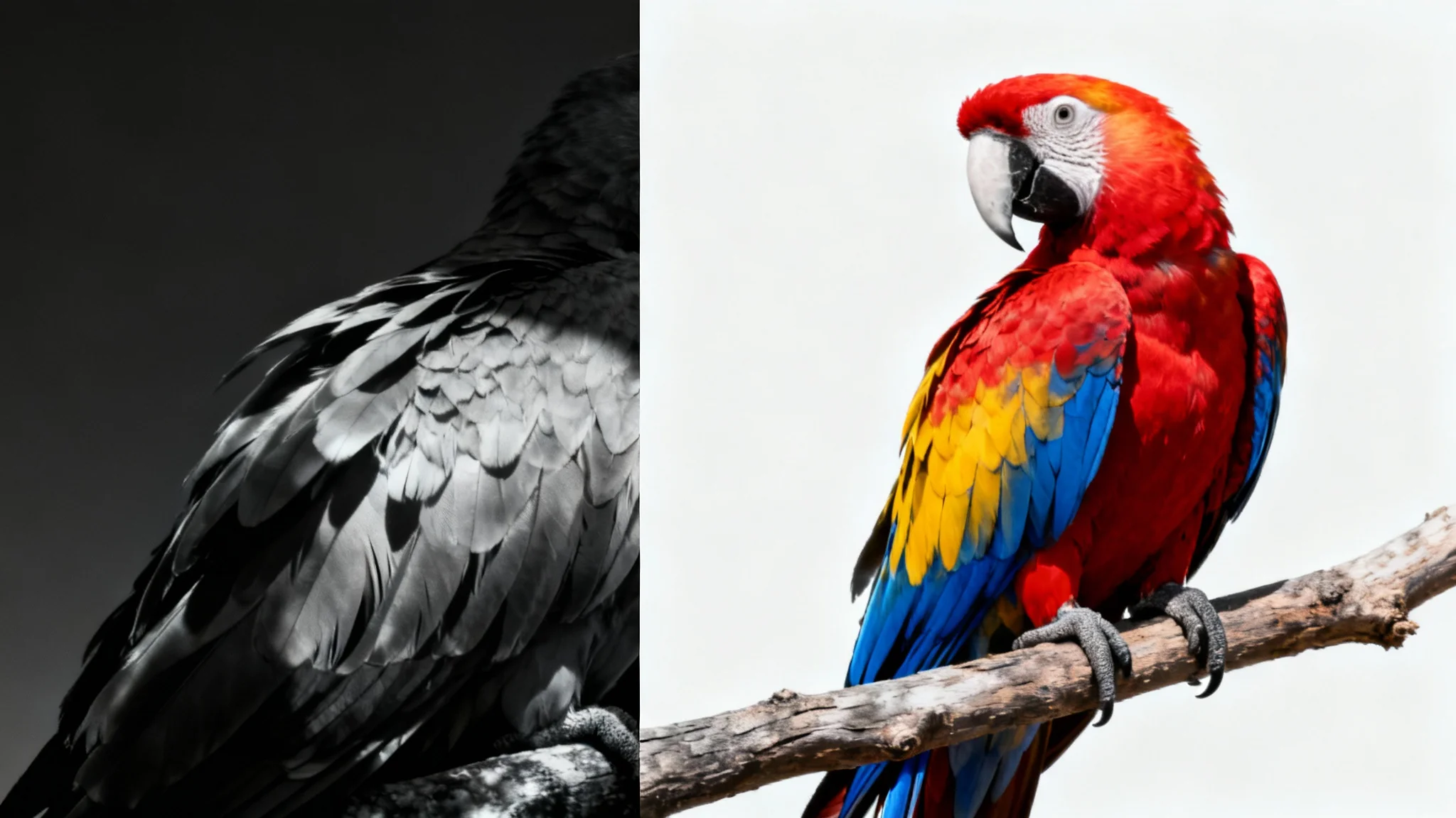 An image of a parrot split down the middle: the left side is in black and white, and the right side is in vibrant color, demonstrating a black and white converter effect.