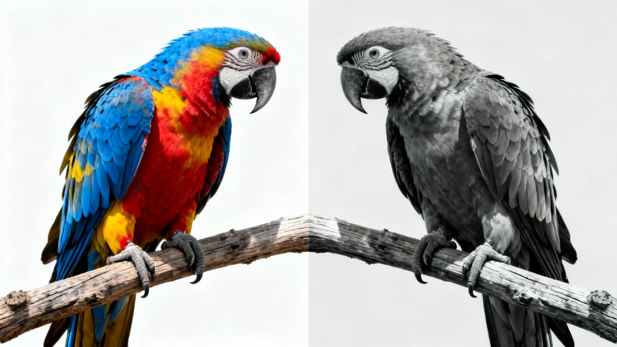 A split image of a colorful parrot. The left side is in vibrant color, showing its blue, red, and yellow feathers, while the right side is in high-contrast black and white.