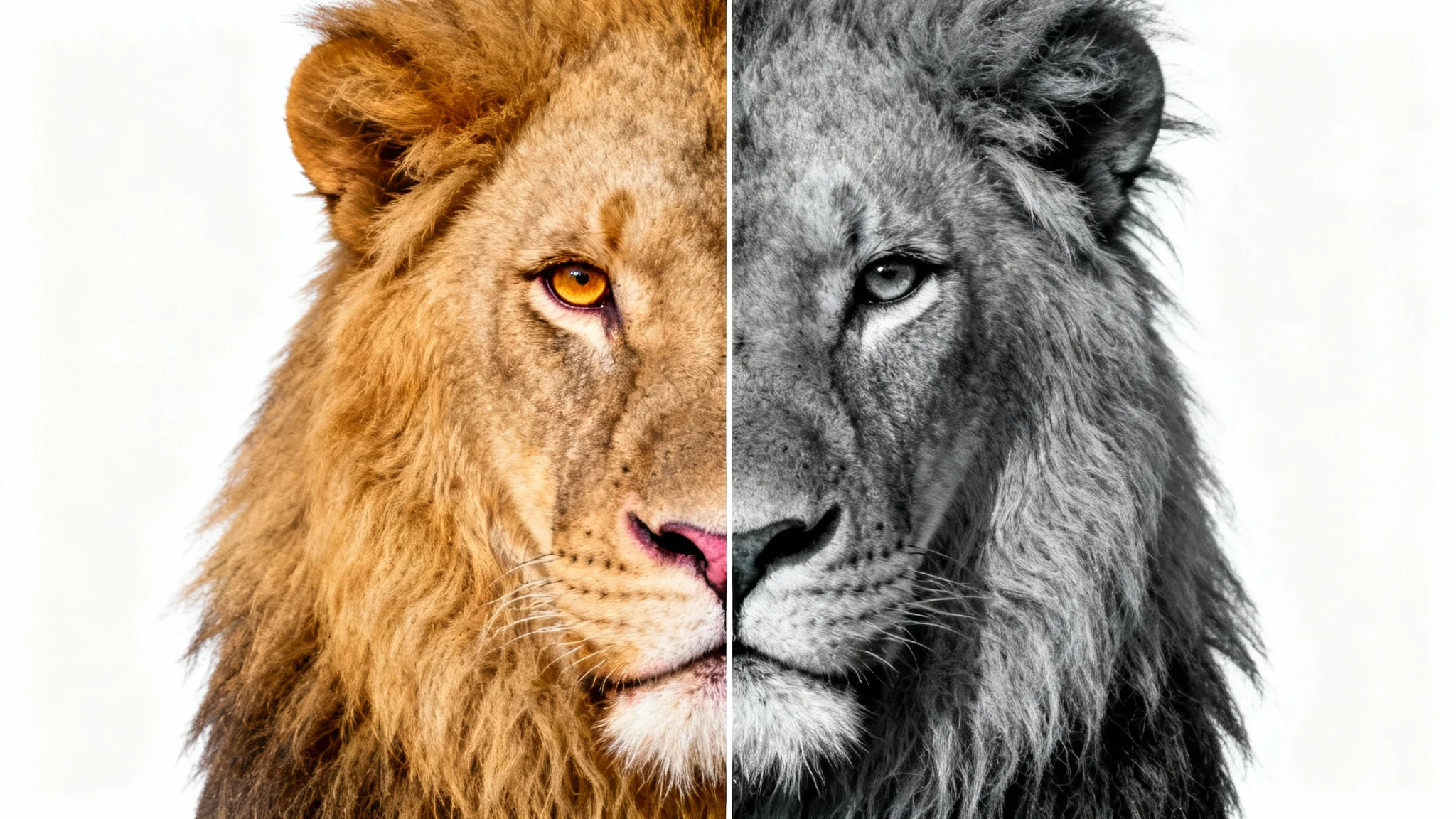 A close-up of a lion's face, split down the middle. The left side is in full, vibrant color, while the right side is in dramatic, high-contrast black and white, demonstrating the effect of a black and white converter.