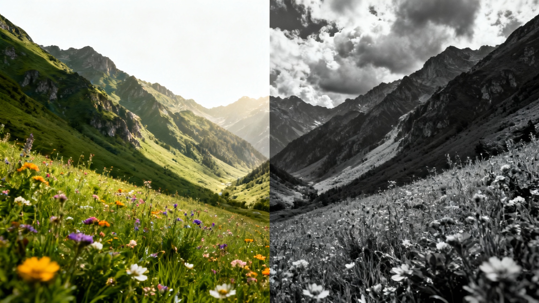 A landscape photo split down the middle. The left side is a vibrant color photo of a mountain valley, and the right side is the same image in dramatic black and white, illustrating a color converter tool.