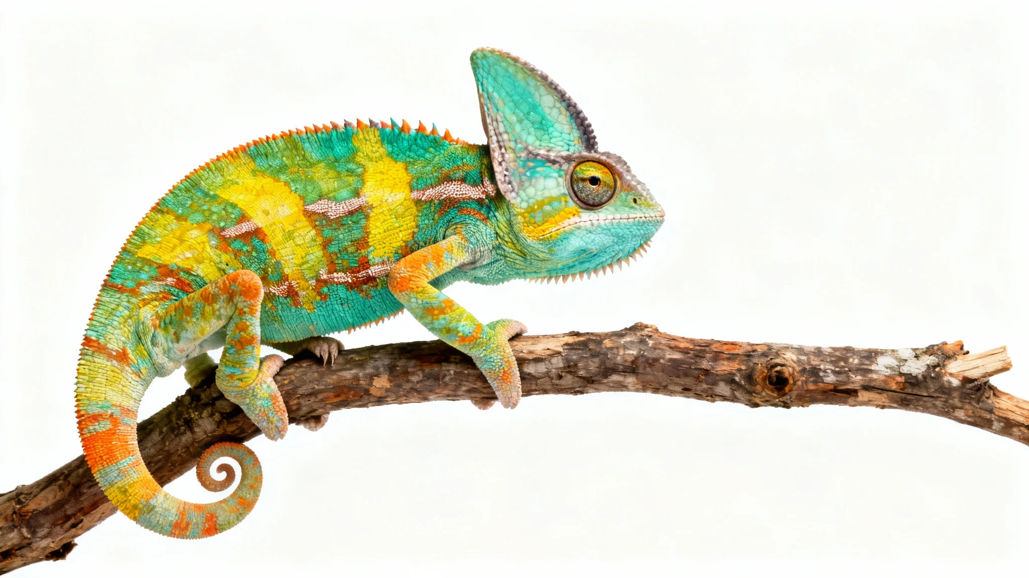 A photorealistic image of a brightly colored chameleon, perfectly isolated from its background and set against a solid white backdrop, showcasing the concept of subject isolation.