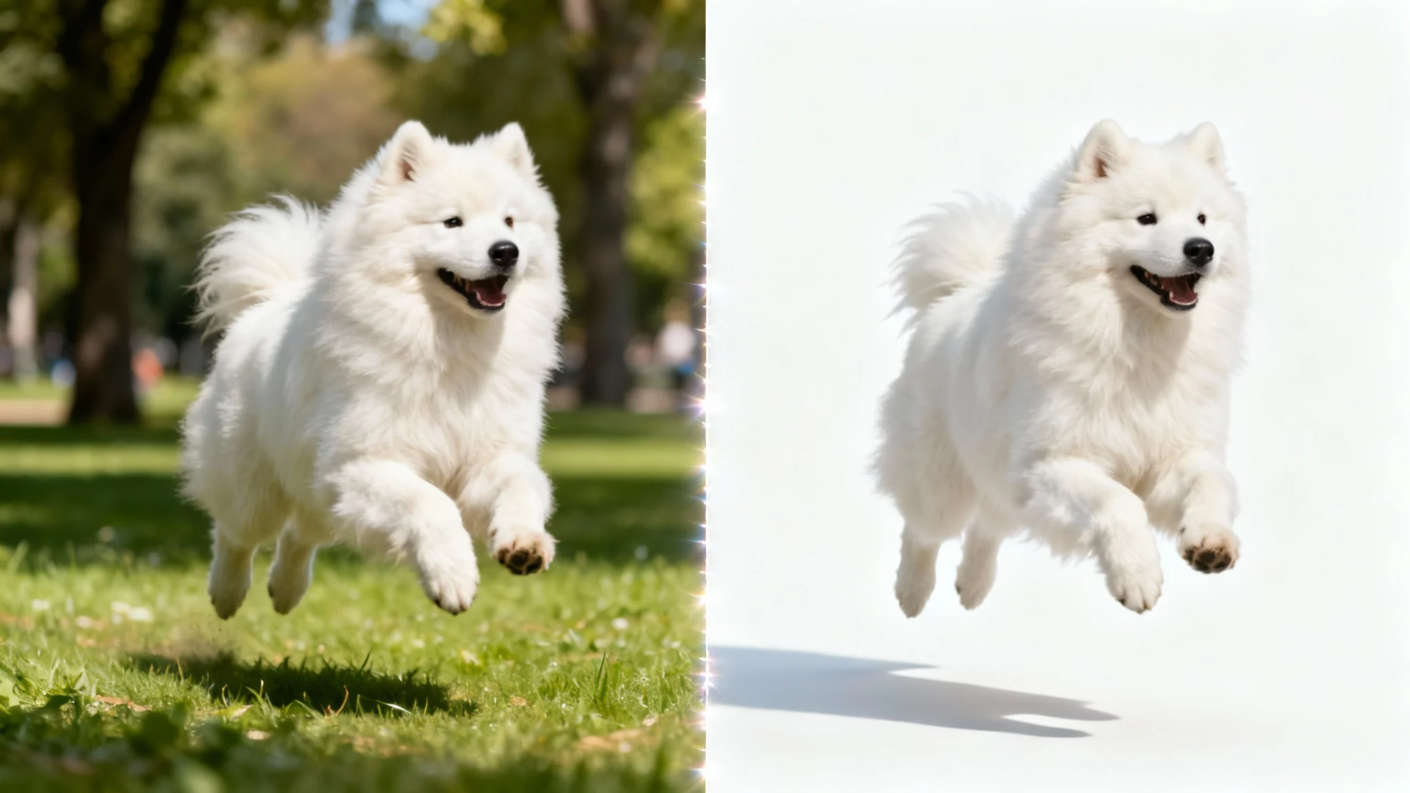 An energetic Samoyed dog is shown mid-jump, with the image split to demonstrate subject isolation. One half shows the dog in a park, and the other half shows the dog perfectly isolated on a white background.