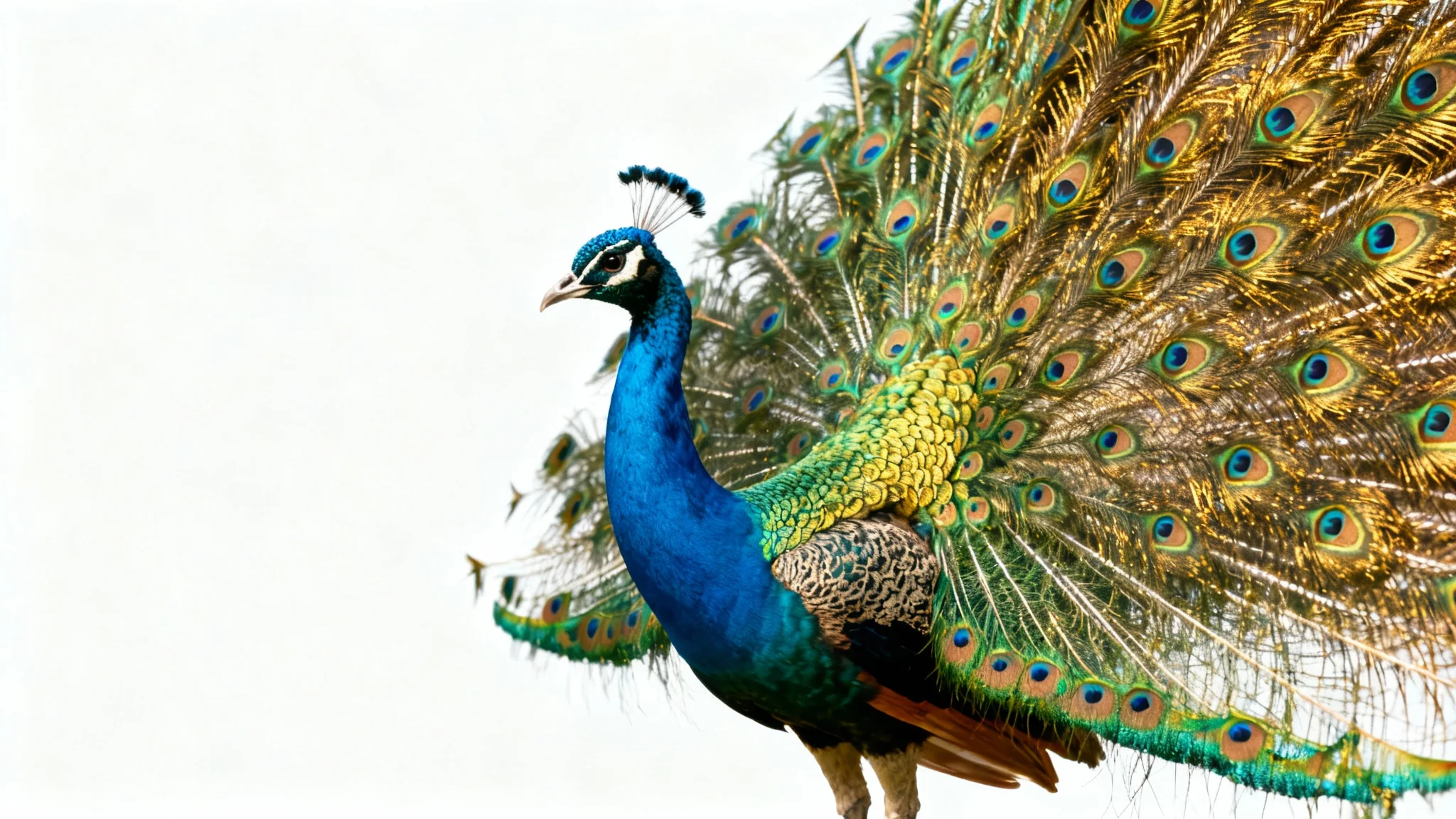 A photorealistic image of a majestic peacock with its vibrant tail feathers fully spread, perfectly isolated against a solid white background, illustrating the concept of subject isolation.