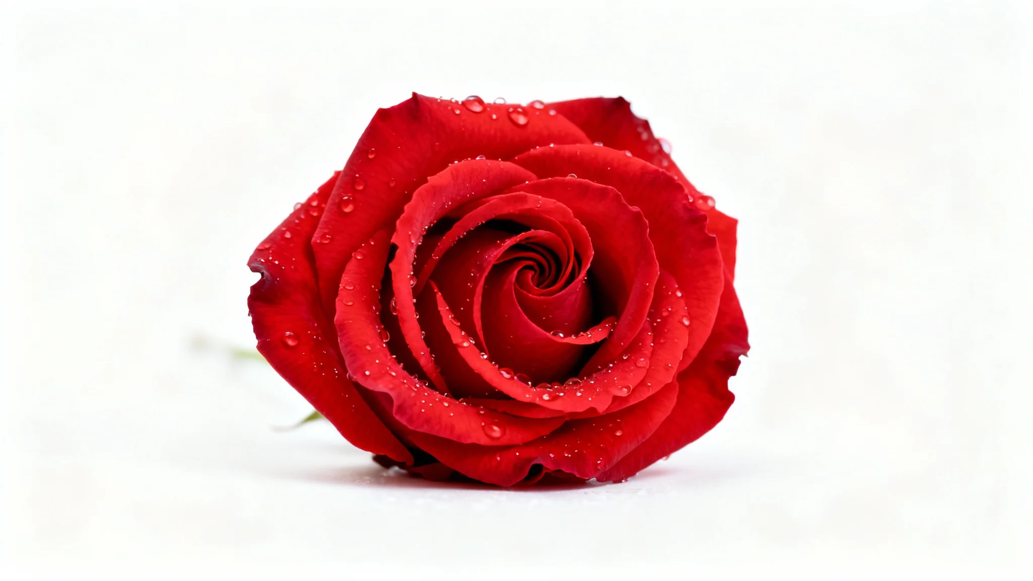 A photorealistic, vibrant red rose covered in dewdrops, perfectly isolated against a clean white background to showcase the concept of subject isolation.