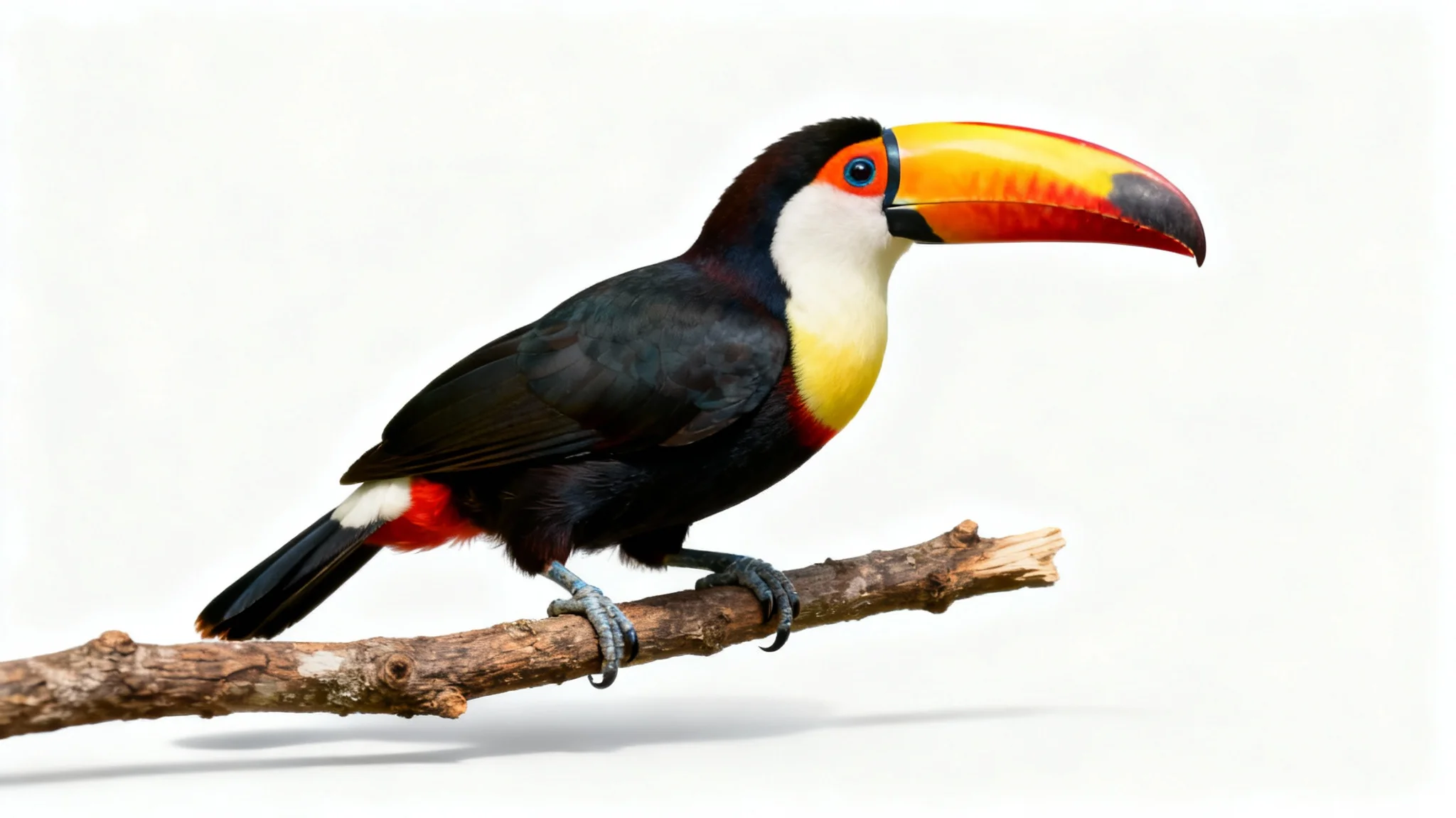 A photorealistic image of a colorful toucan on a branch, perfectly isolated against a stark white background to illustrate subject isolation.