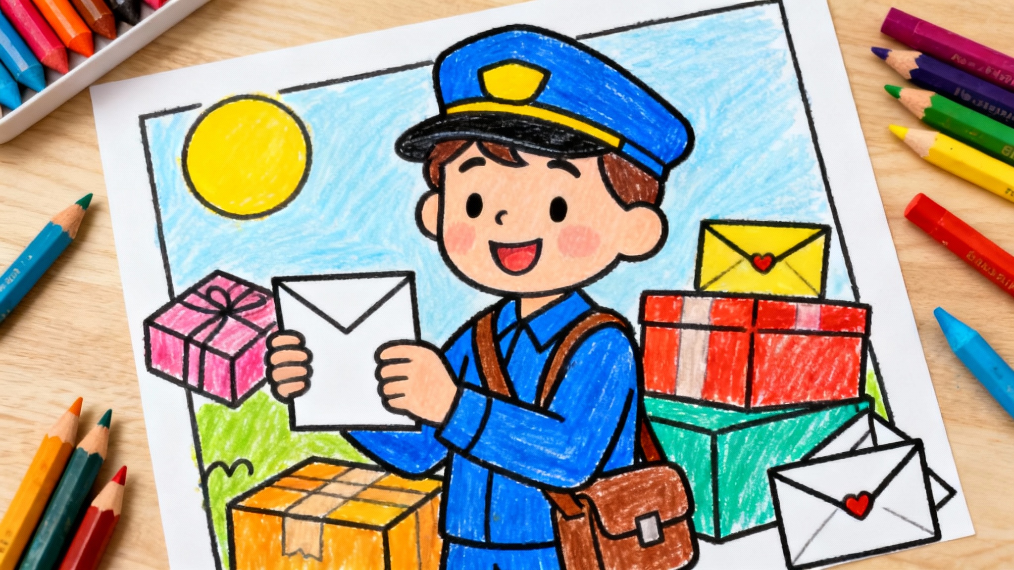 A completed, colored-in version of a mailman coloring page, showing a happy mailman in a blue uniform surrounded by colorful packages on a sunny day.
