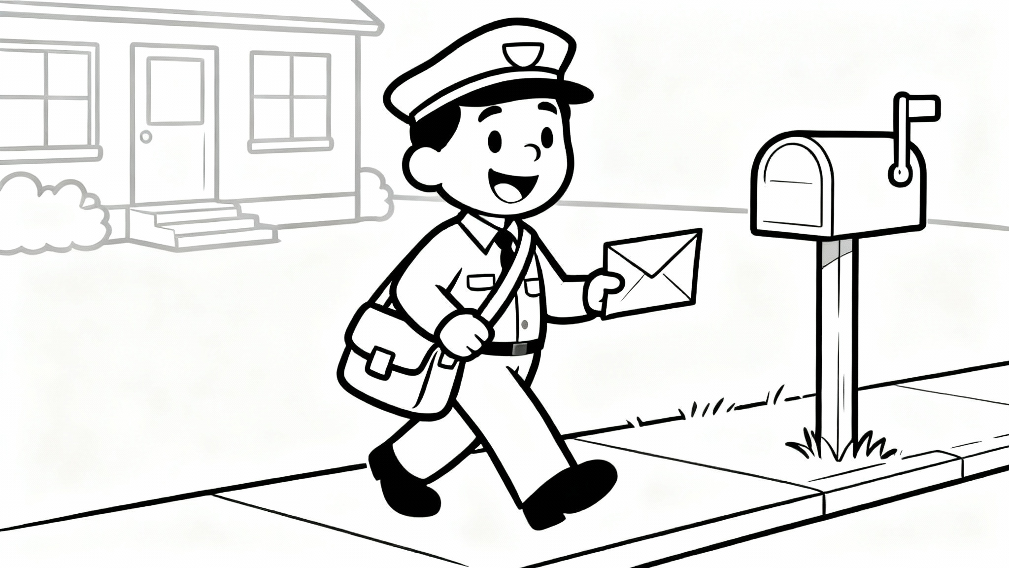 A black and white line art coloring page depicting a cheerful mailman in his uniform, holding a letter on a sidewalk in front of a house.