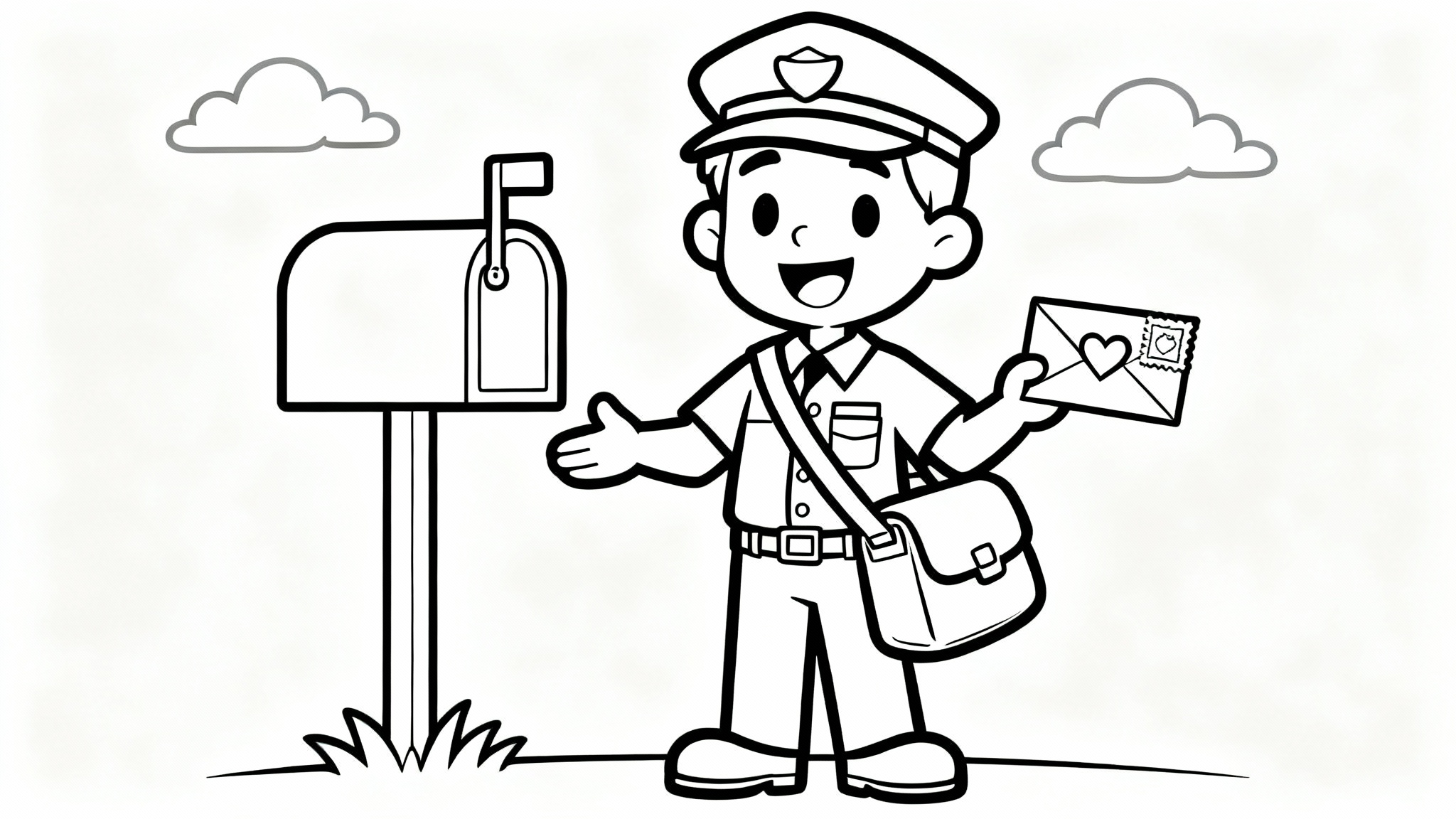 A black and white line drawing of a friendly mailman holding a letter, designed as a children's coloring page with a white background.