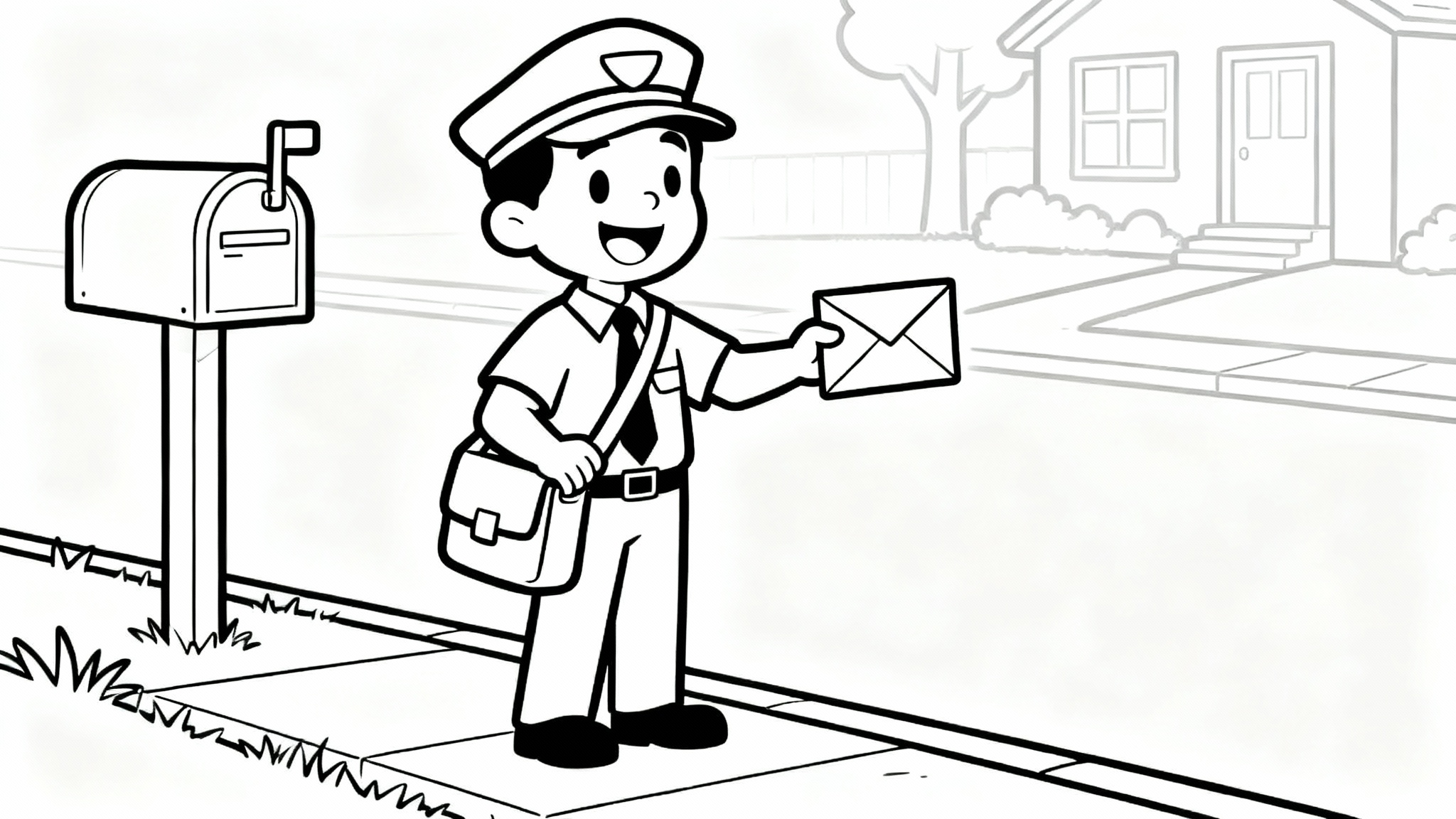 A black and white line art coloring page featuring a cheerful mailman in uniform, ready to deliver a letter, with a simple house and mailbox in the background.