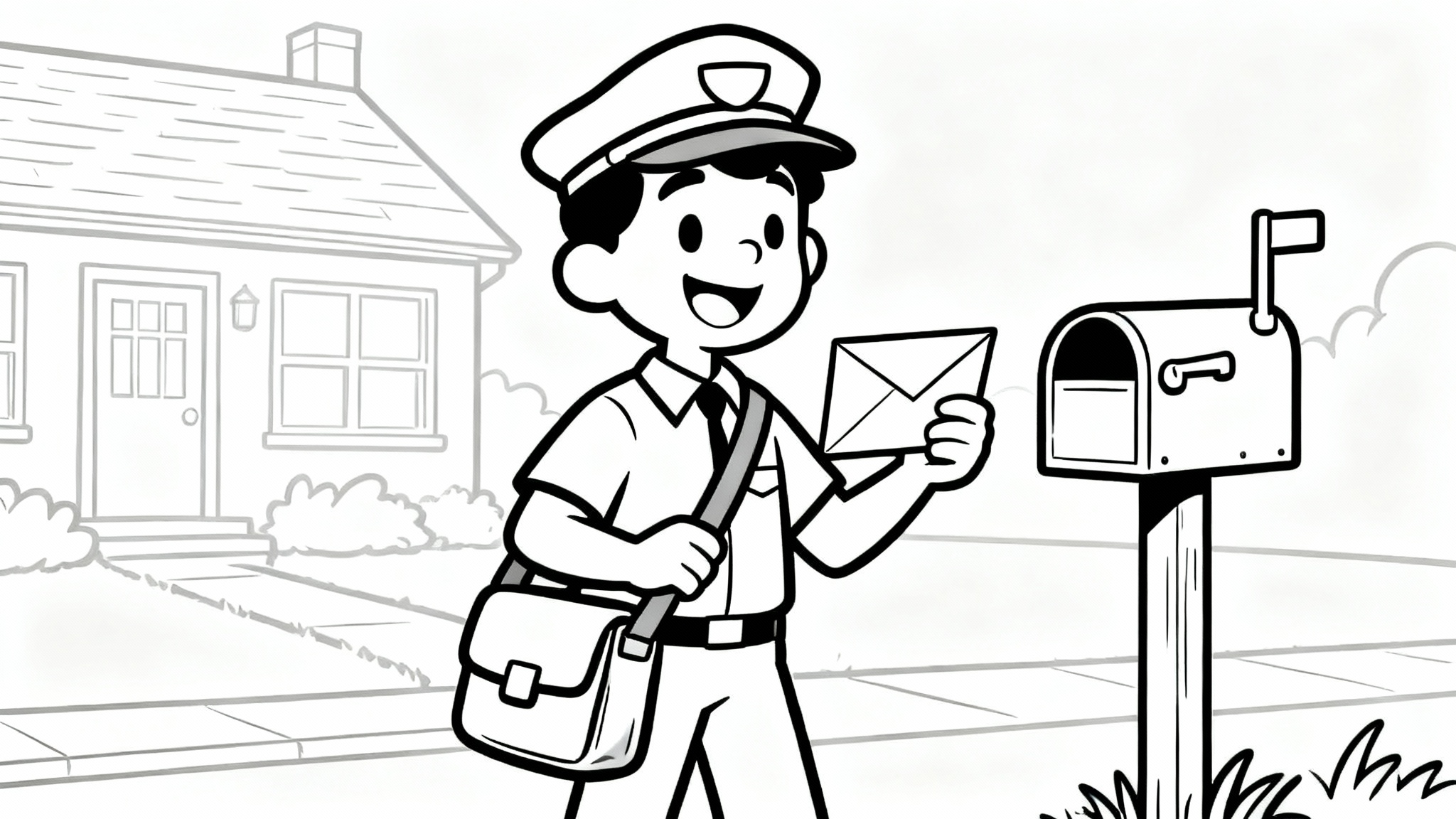 A black and white line art coloring page of a smiling mailman in his uniform, holding a letter in front of a house and mailbox.