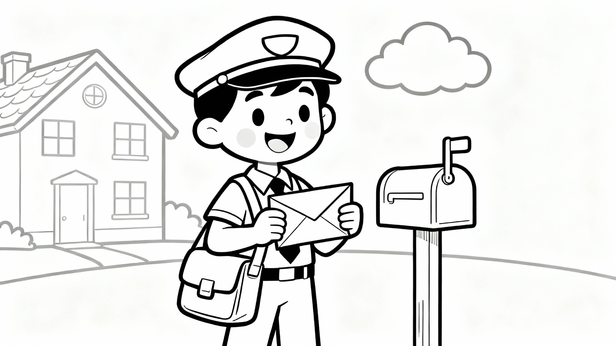 A black and white coloring page showing a friendly mailman in uniform holding a letter, with a simple house and mailbox in the background. The style is a clean line drawing.