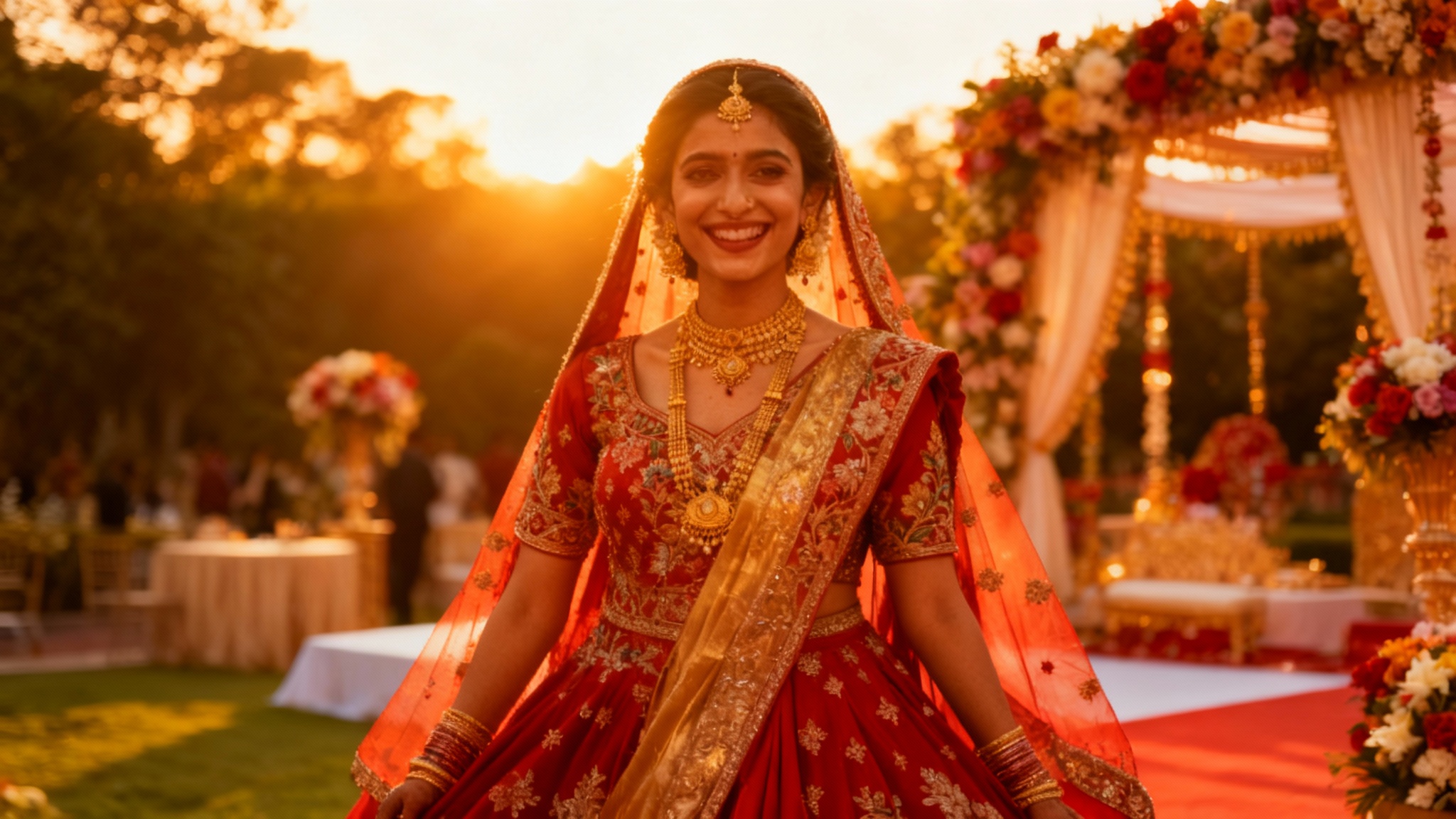 A professionally color-graded photograph of an Indian bride in a vibrant red and gold lehenga, set against a festive floral backdrop, showcasing a cinematic and dramatic lighting effect.