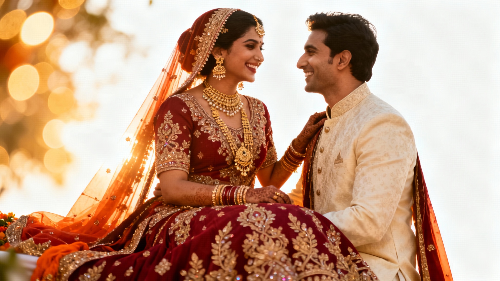 A beautifully color-graded photo of an Indian bride and groom in traditional wedding attire, smiling joyfully at each other against a plain white background.