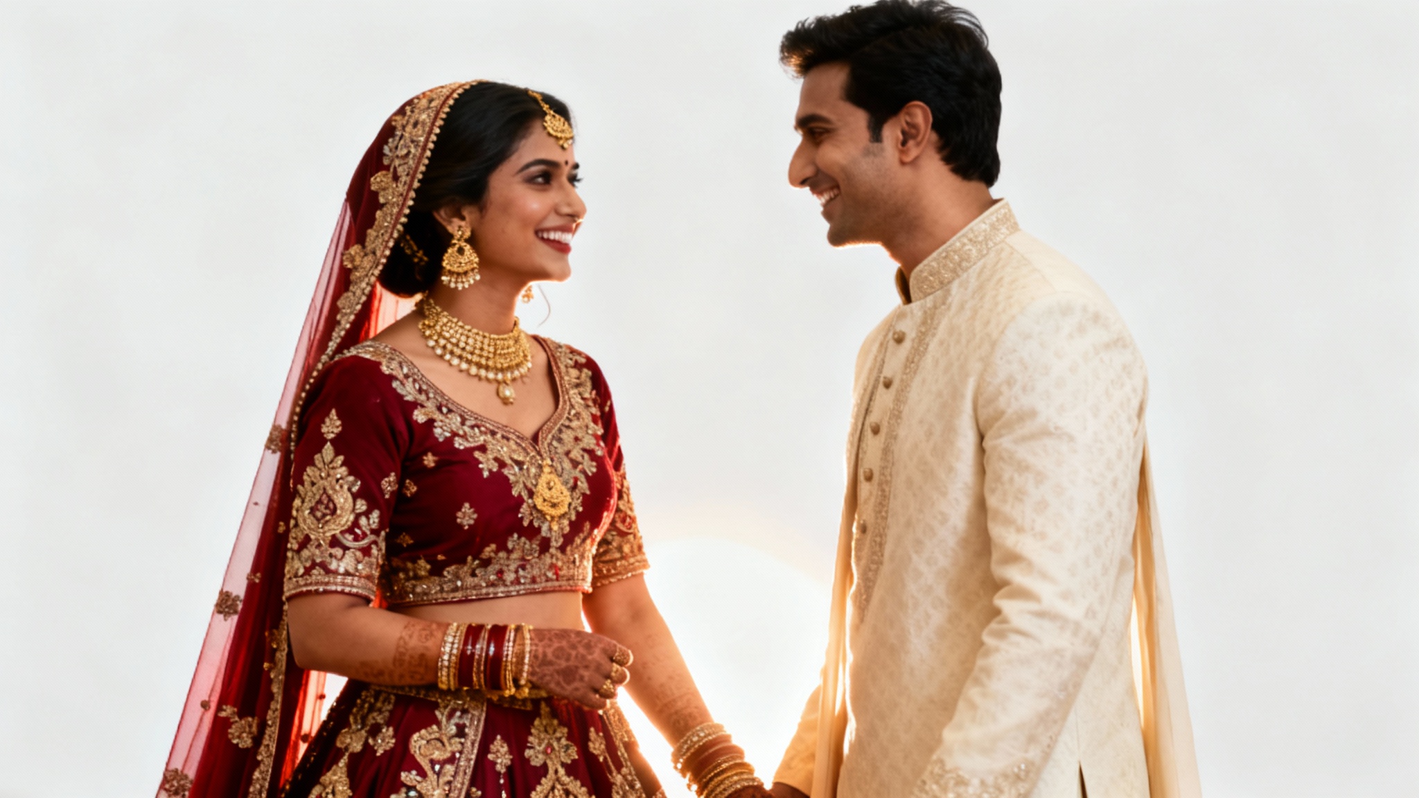 A professionally color-graded photo of an Indian couple in traditional wedding attire, smiling at each other against a plain white background, showcasing a rich and warm cinematic color style.