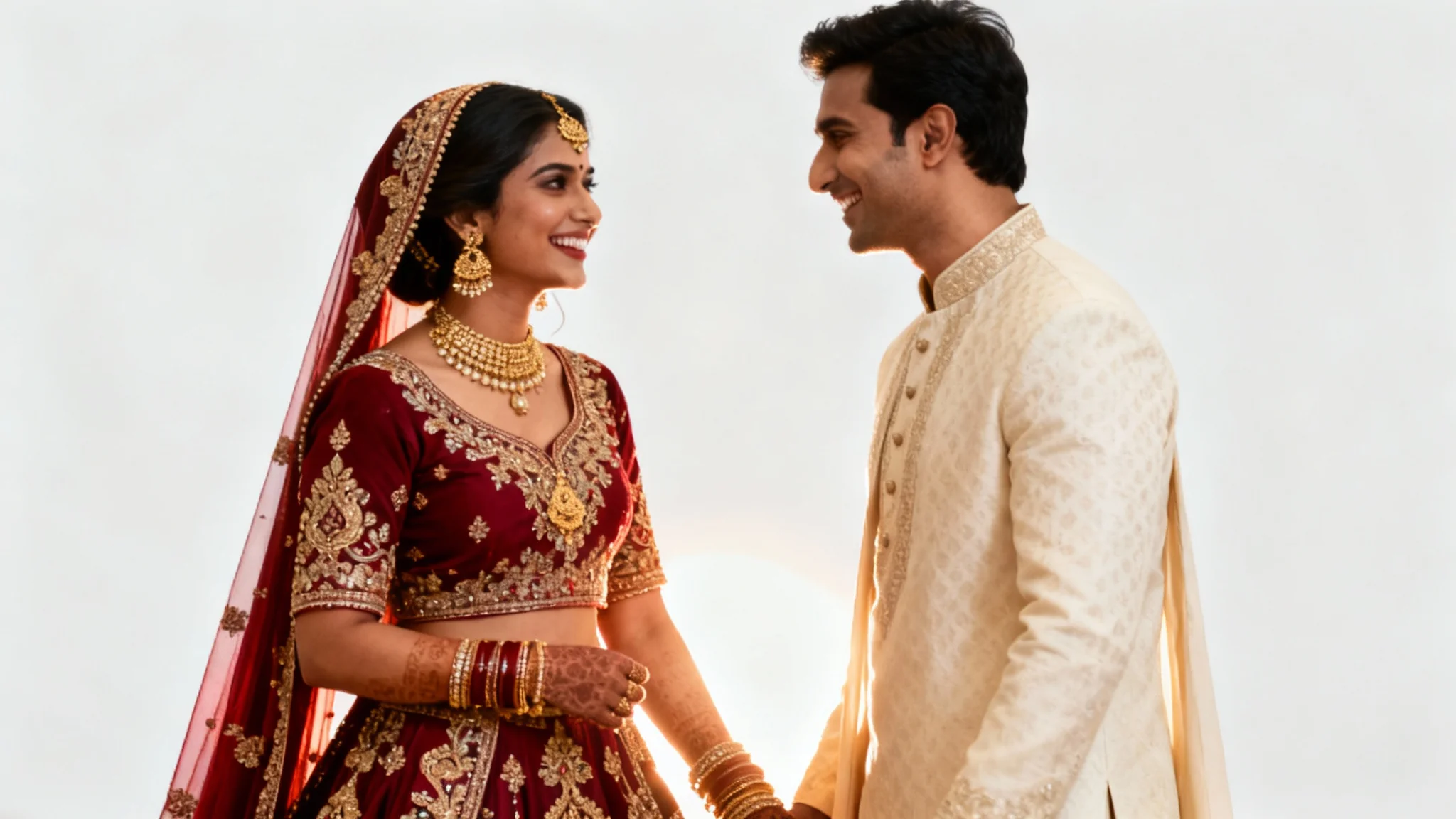 A professionally color-graded photo of an Indian couple in traditional wedding attire, smiling at each other against a plain white background, showcasing a rich and warm cinematic color style.