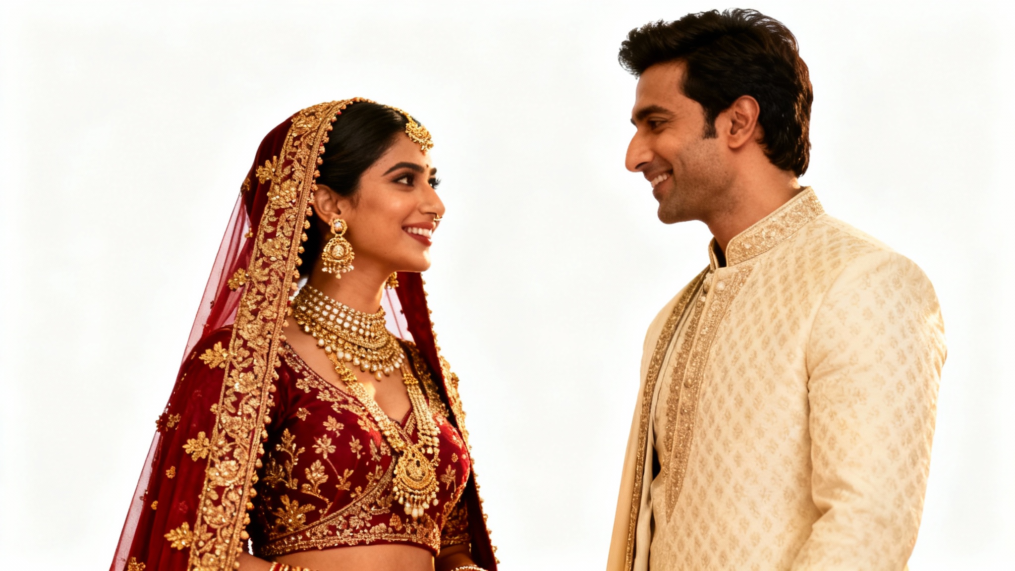 A professionally color-graded photo of an Indian wedding couple in traditional red and cream attire, smiling at each other against a plain white background.